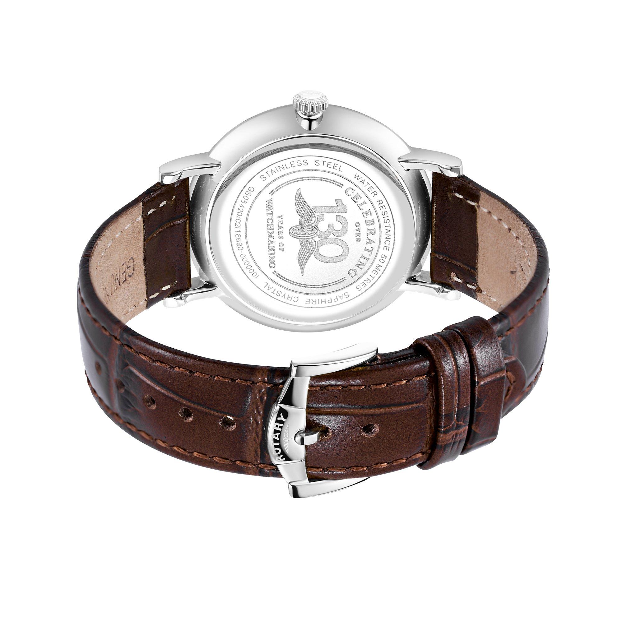 Brown - Rotary - Rotary Mens Heritage SS Brown Leather Strap Watch - 4