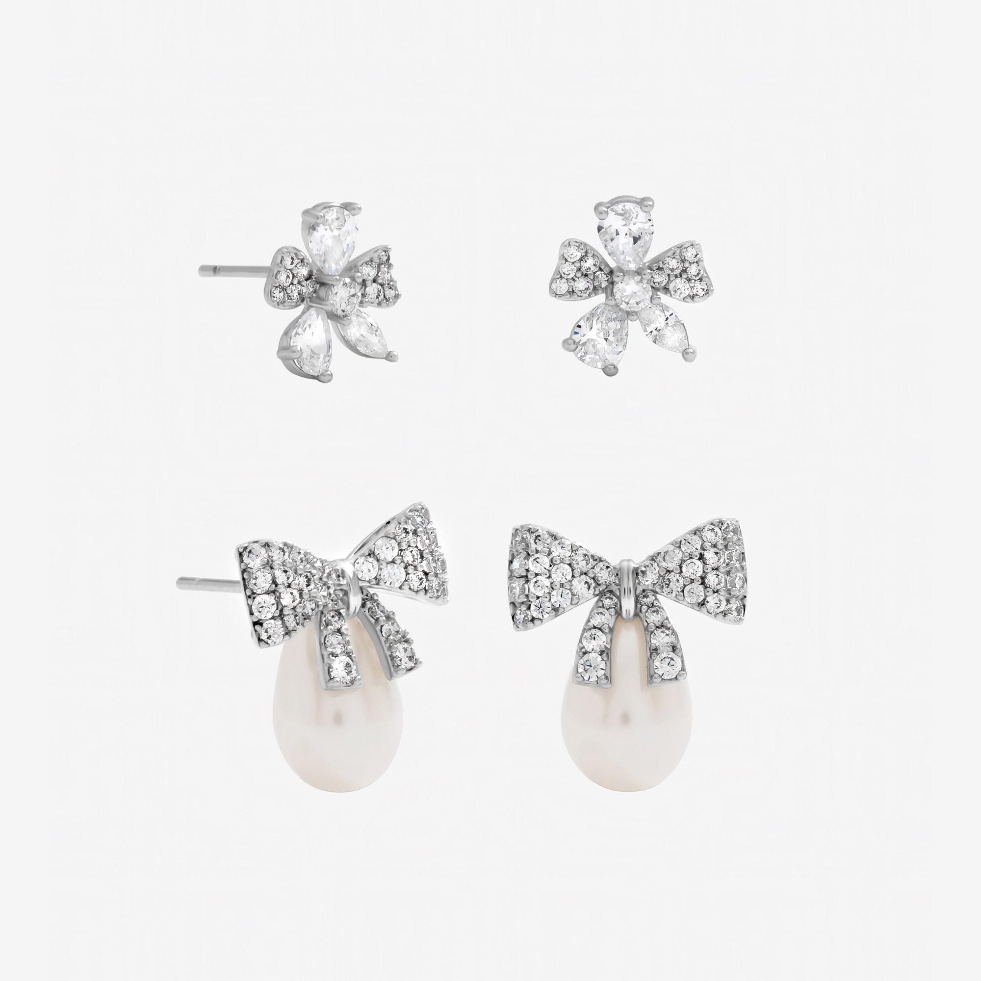 Silver - Jon Richard - Rhodium Pearl and Pave Bow Earrings - Pack of 2