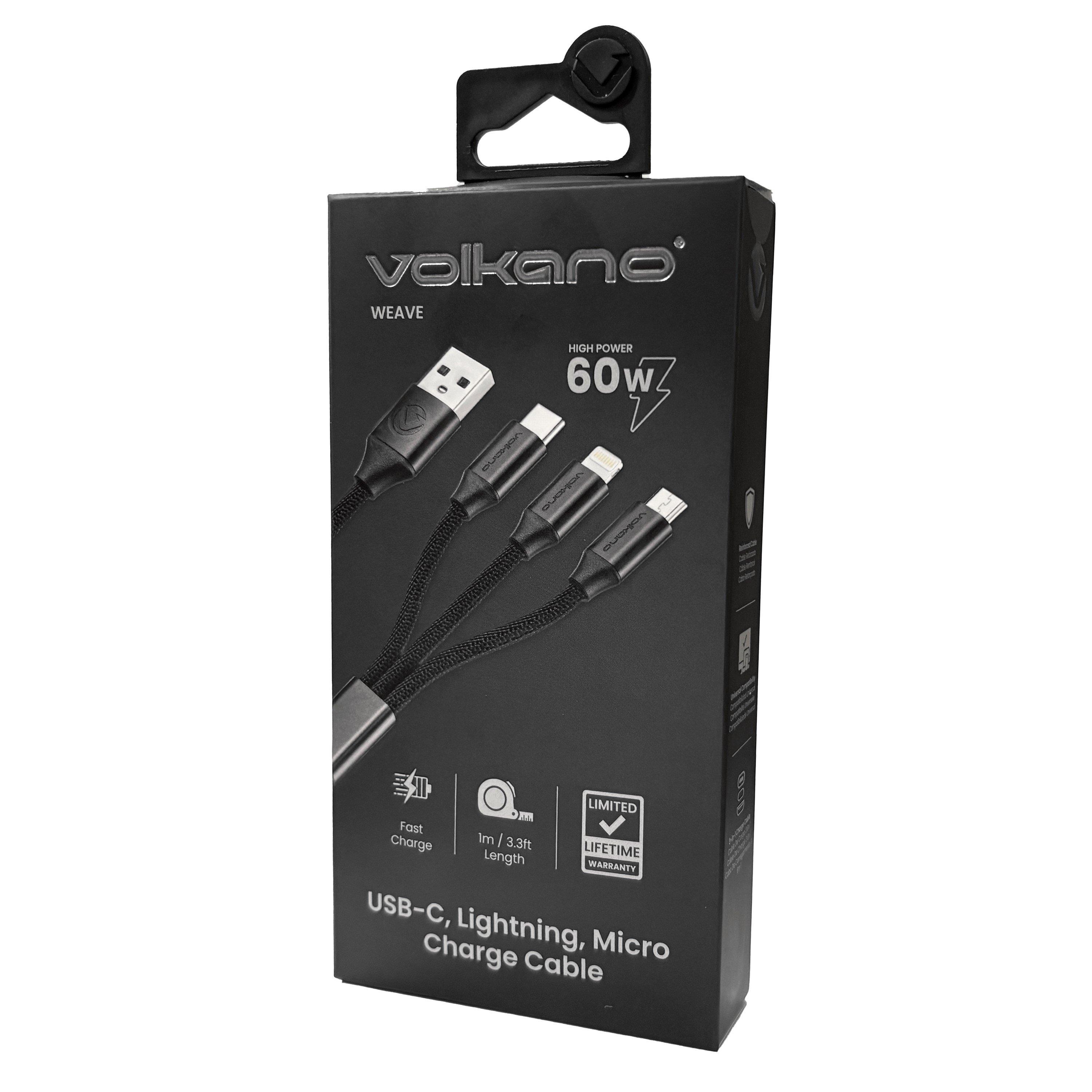 Black - Volkano - Volkano 60W 3in1 USB To Type-C Lightning & Micro - 4
