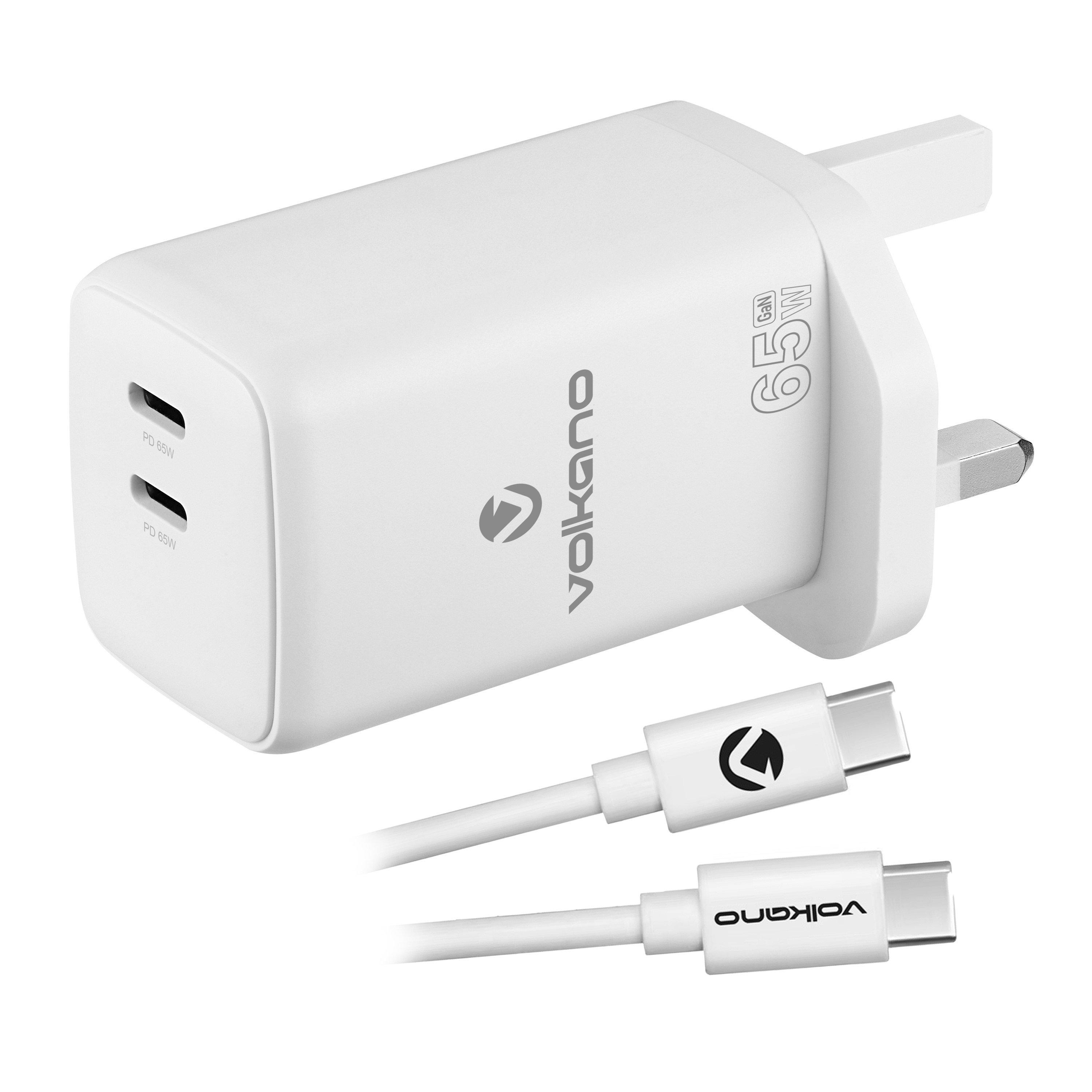 White - Volkano - Volkano 65W GaN PD & QC Dual USB Charger & Cable - 1