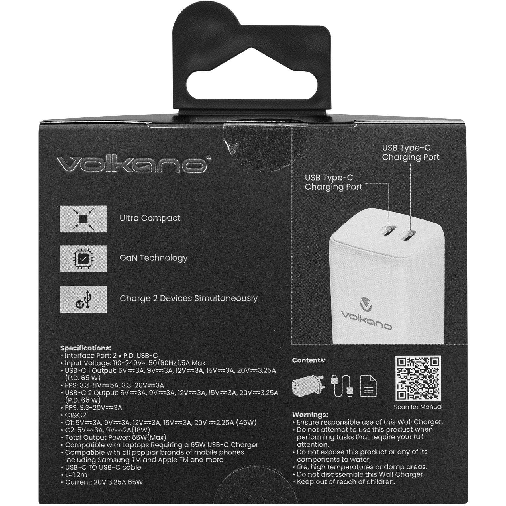 White - Volkano - Volkano 65W GaN PD & QC Dual USB Charger & Cable - 5