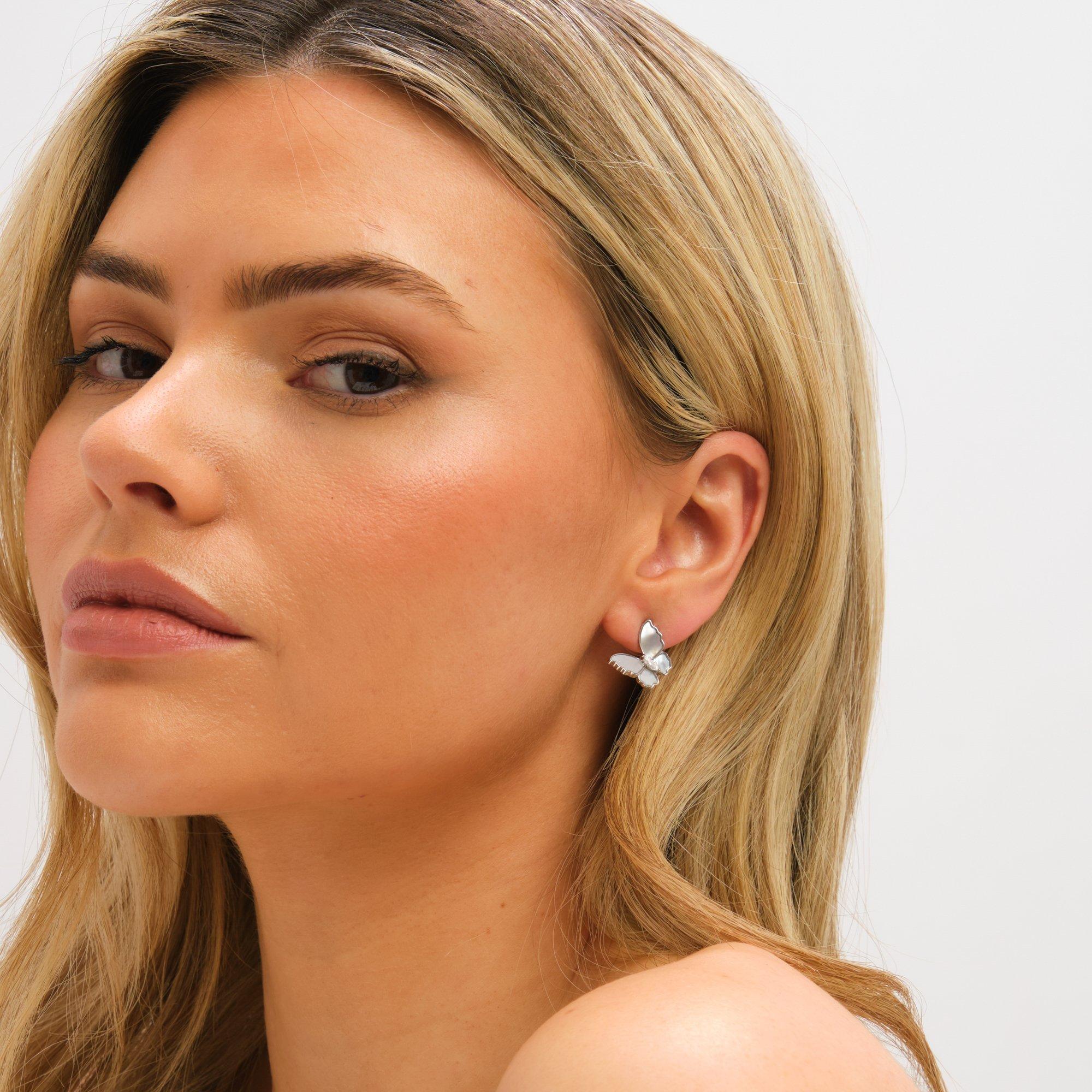 Silver - Jon Richard - Rhodium Plated Mother of Pearl Butterfly Studs - 2