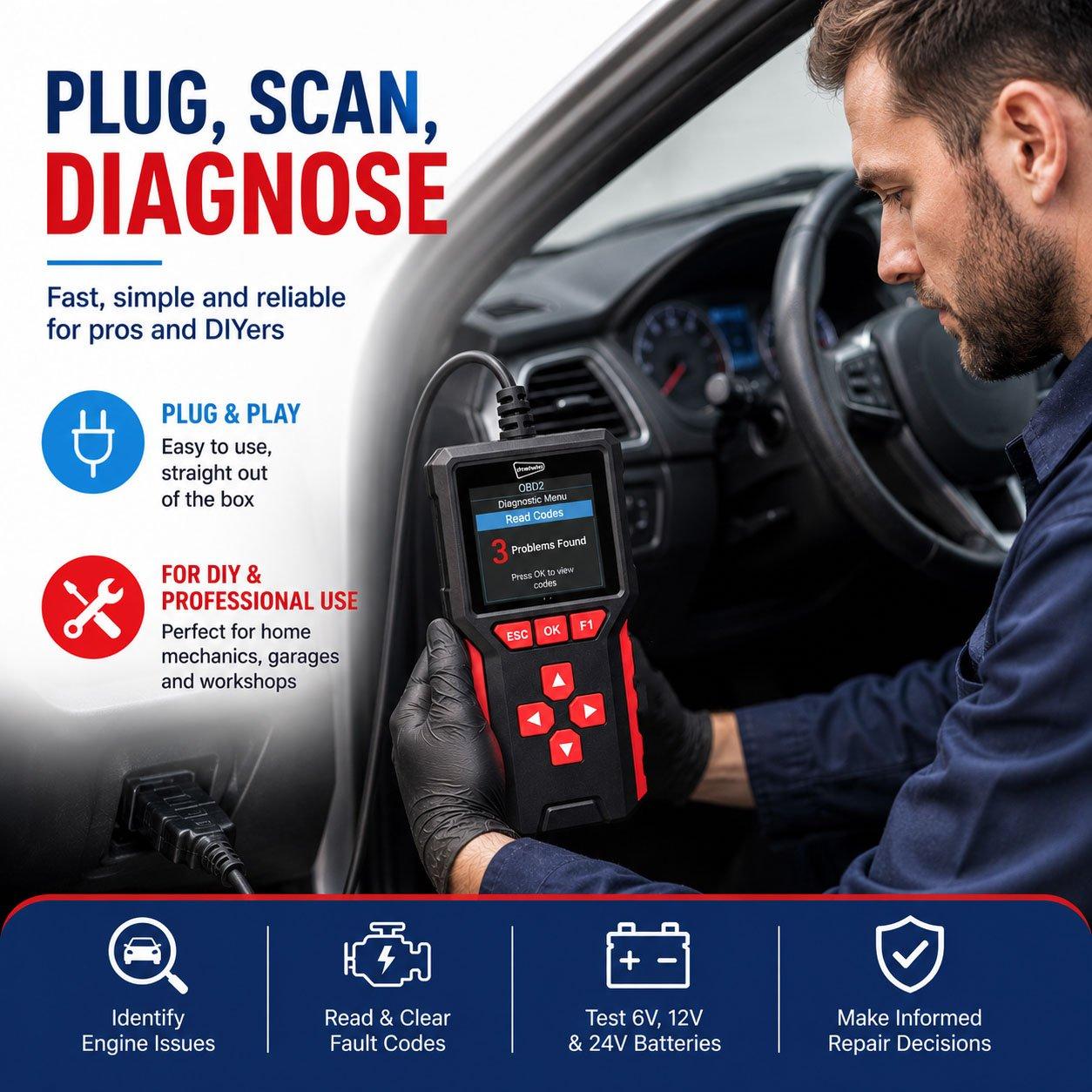Black - Streetwize - 2 in 1 OBDII Fault Scanner with Battery Tester - 8