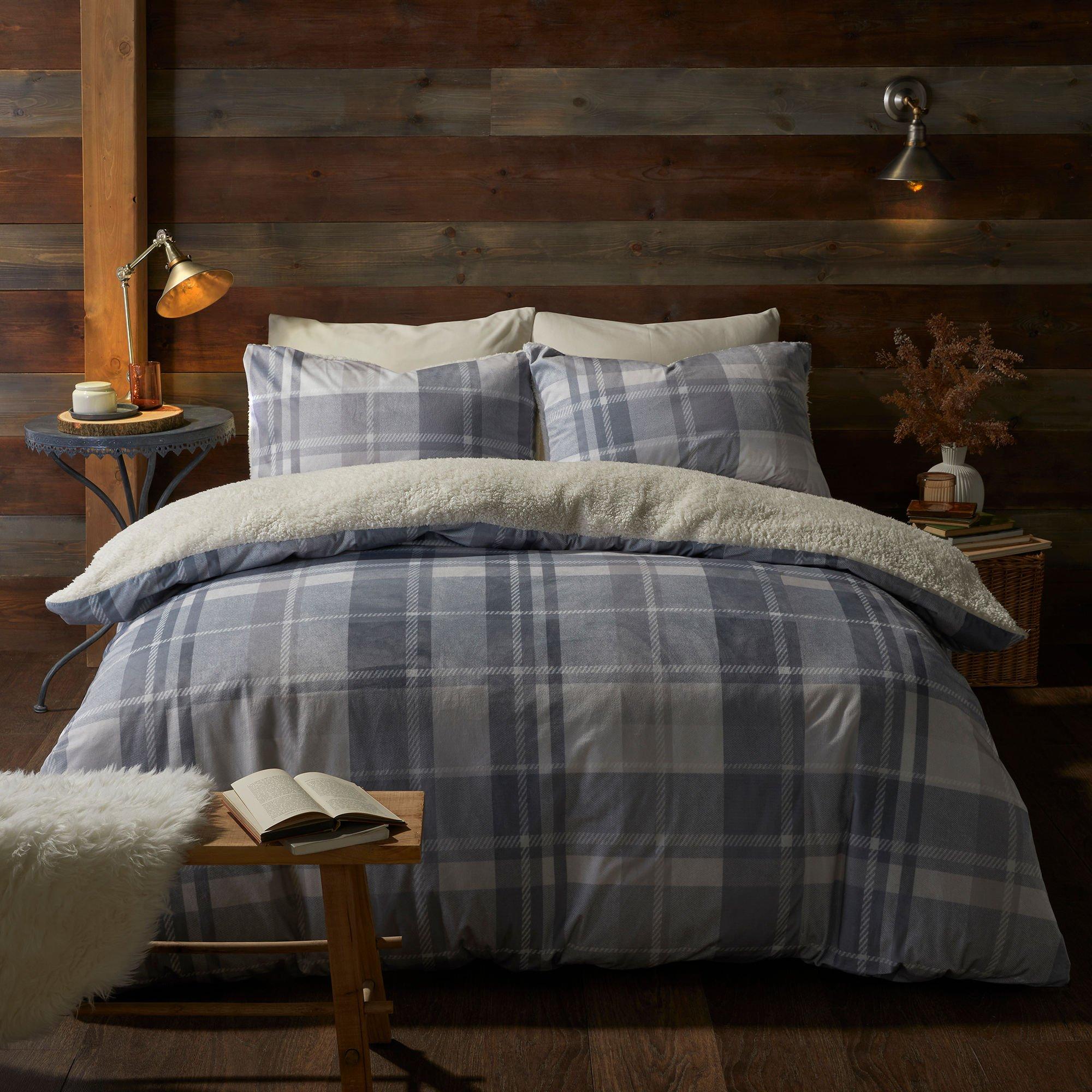 Grey - Fusion - Check And Reverse Sherpa Fleece Duvet Cover - Grey - 1