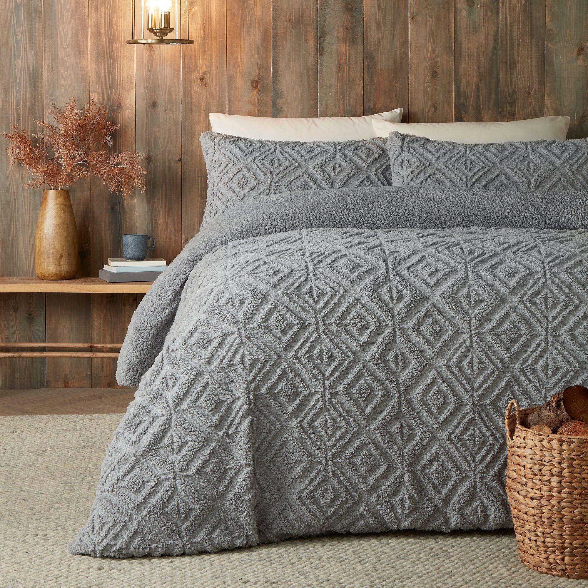 Grey - Fusion - Romo Geo Reverse Sherpa Fleece Duvet Cover - Grey - 1