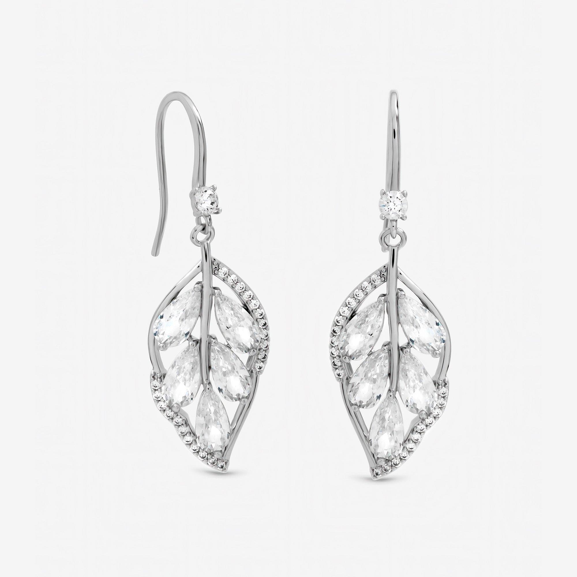 Silver - Jon Richard - Rhodium Plated and Crytal Leaf Drop Earrings - 1