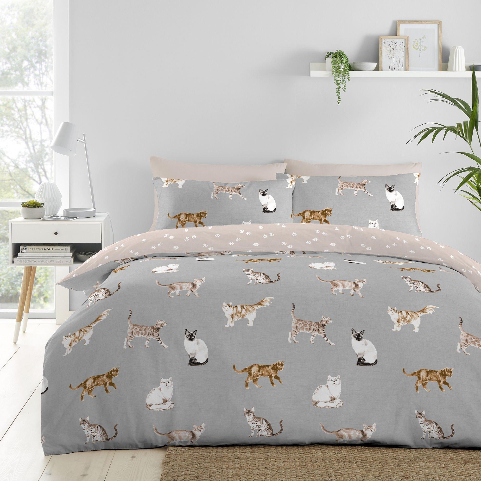 Grey - Fusion - Cats Hand Painted Print Duvet Cover Set in Grey - 1