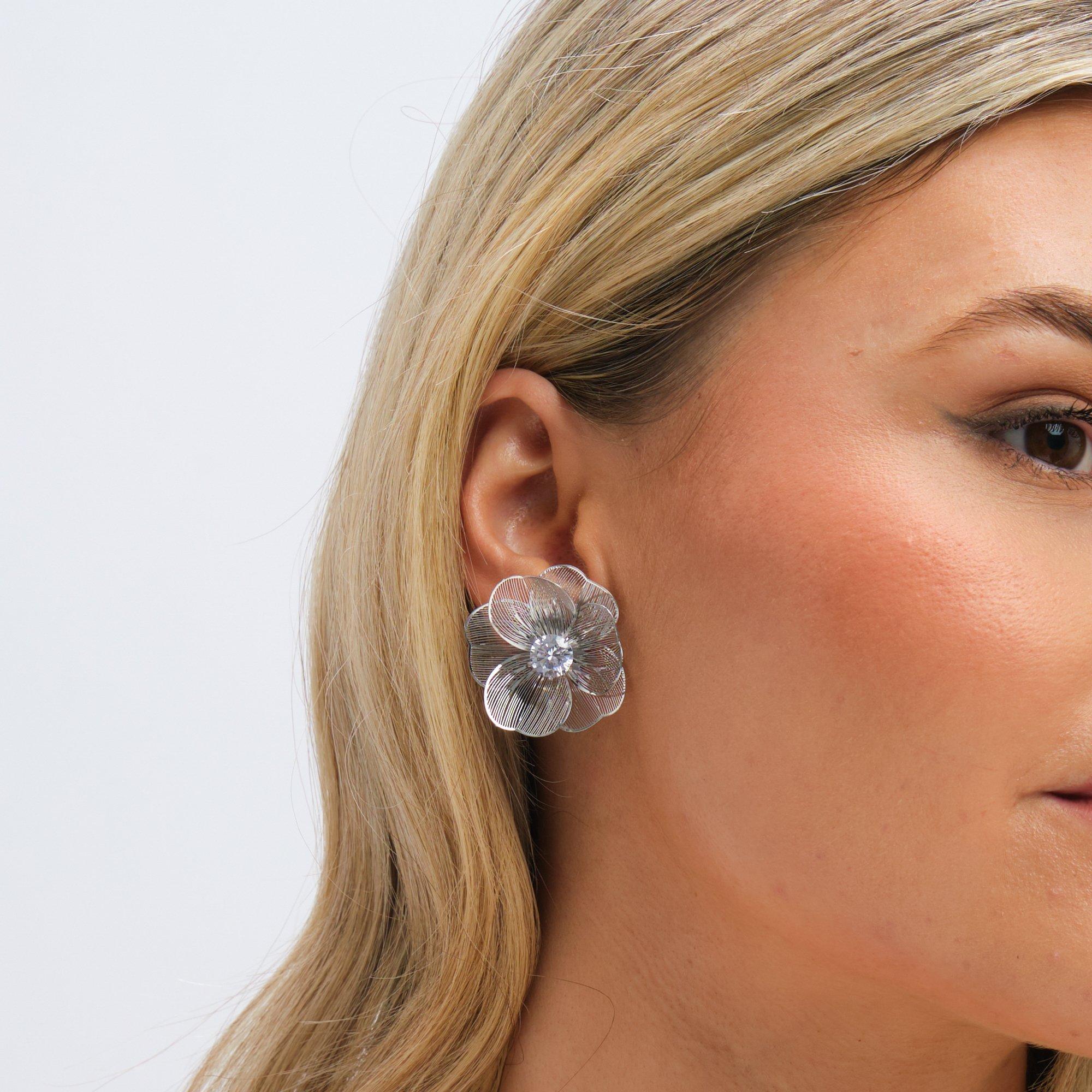 Silver - Jon Richard - Rhodium Plated Crystal Statement Flower Earrings - 2