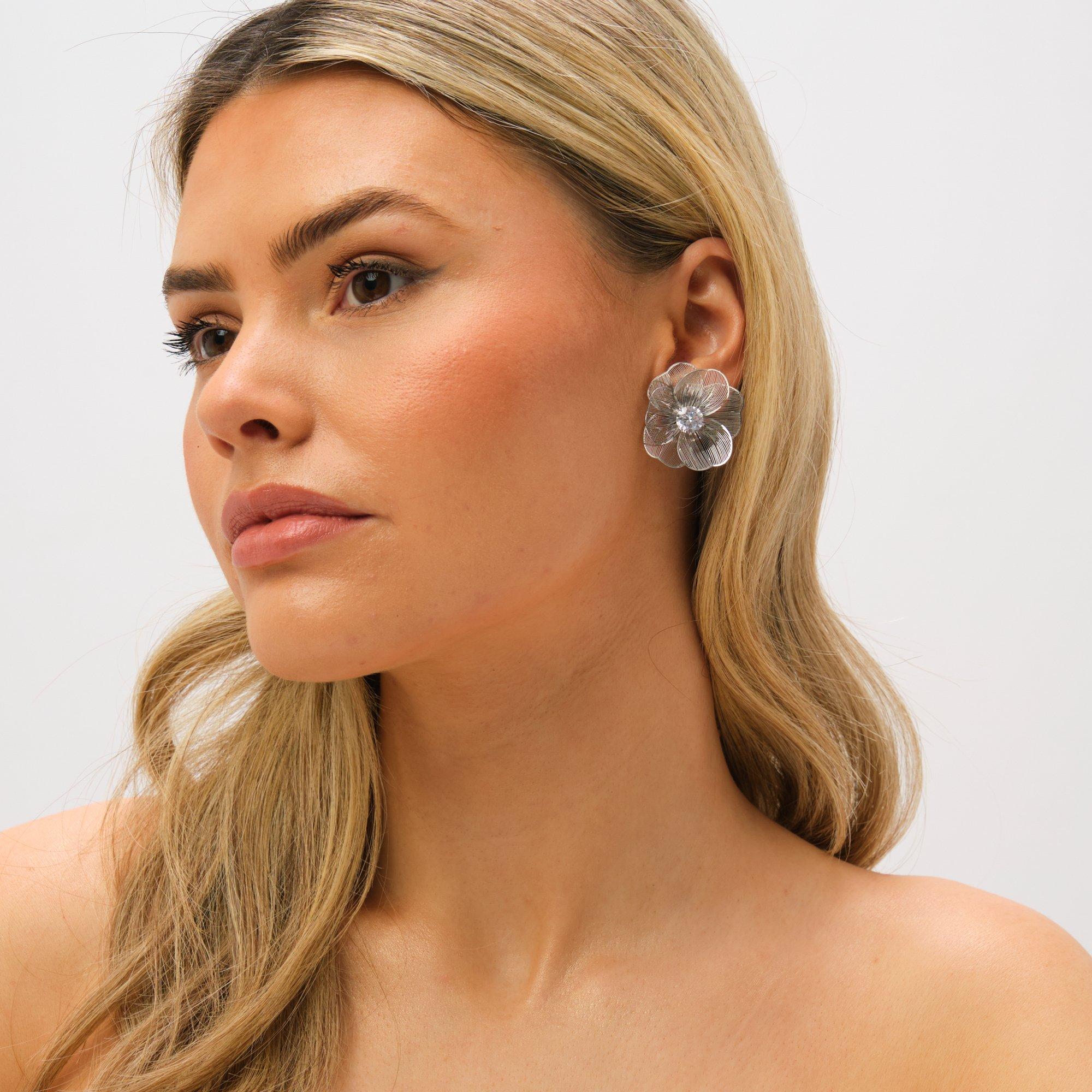 Silver - Jon Richard - Rhodium Plated Crystal Statement Flower Earrings - 3