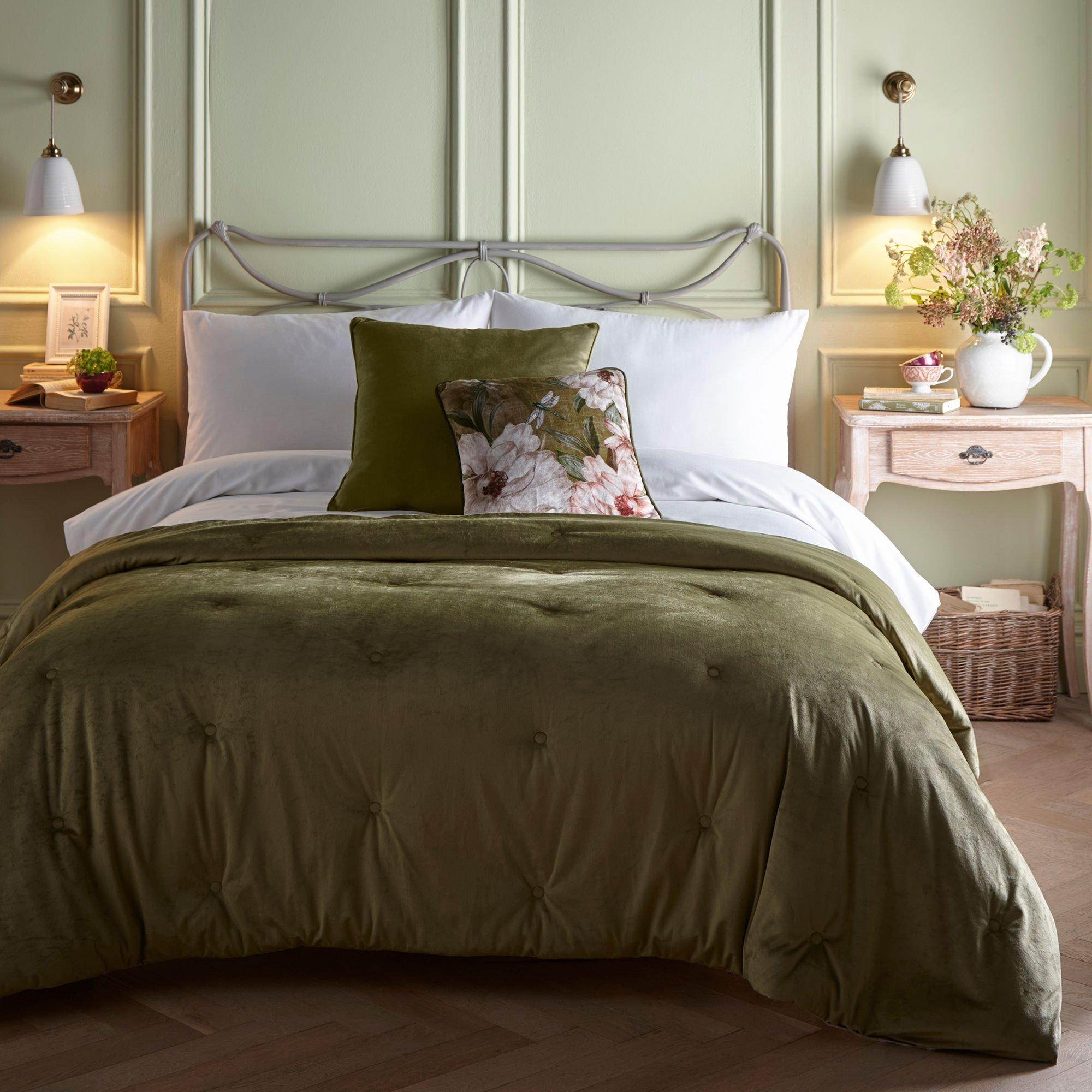 Olive - Appletree - Austell Quilted Velvet Bedspread in Olive - 1