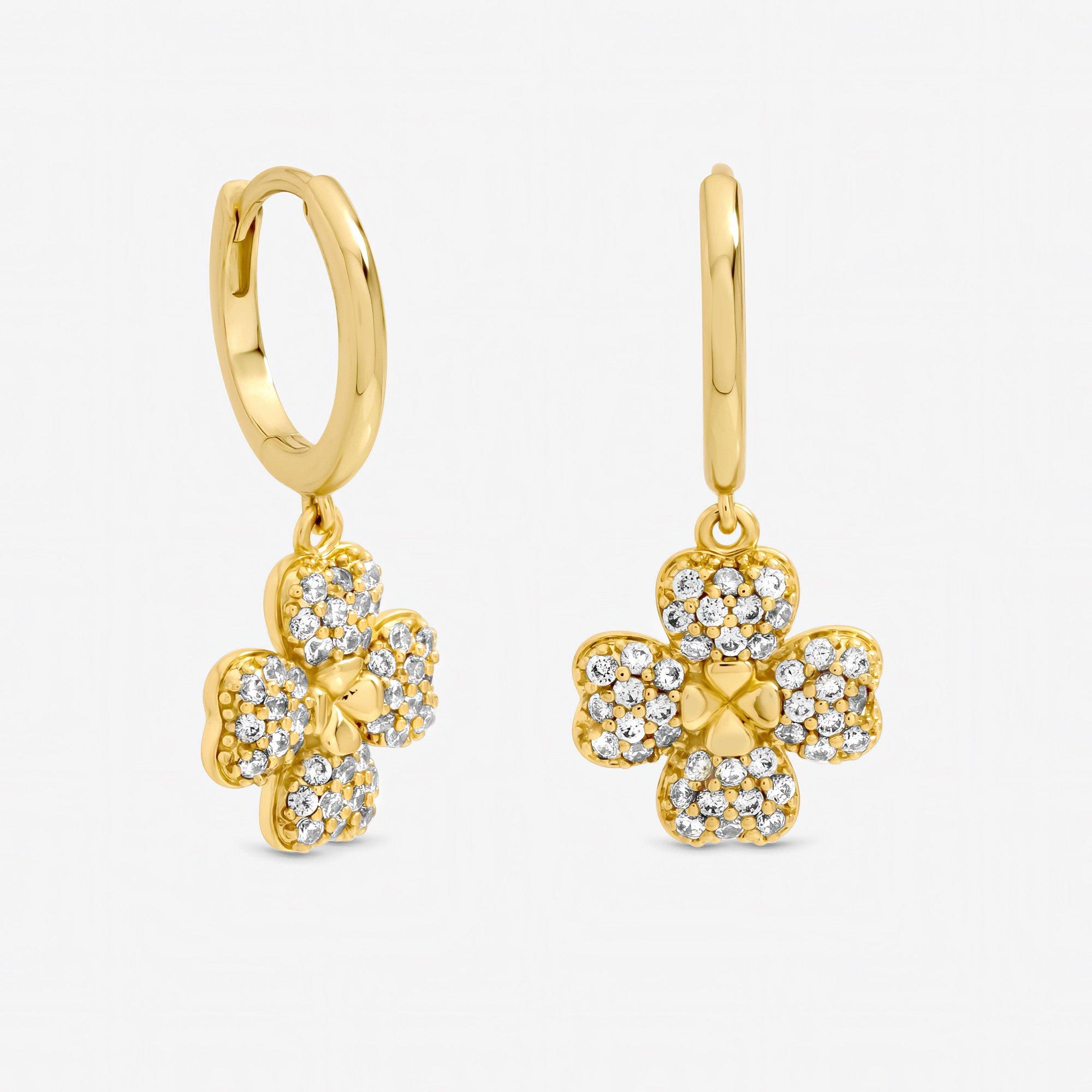 Gold - Jon Richard - Gold Plated and Pave Clover Huggie Earrings - 1