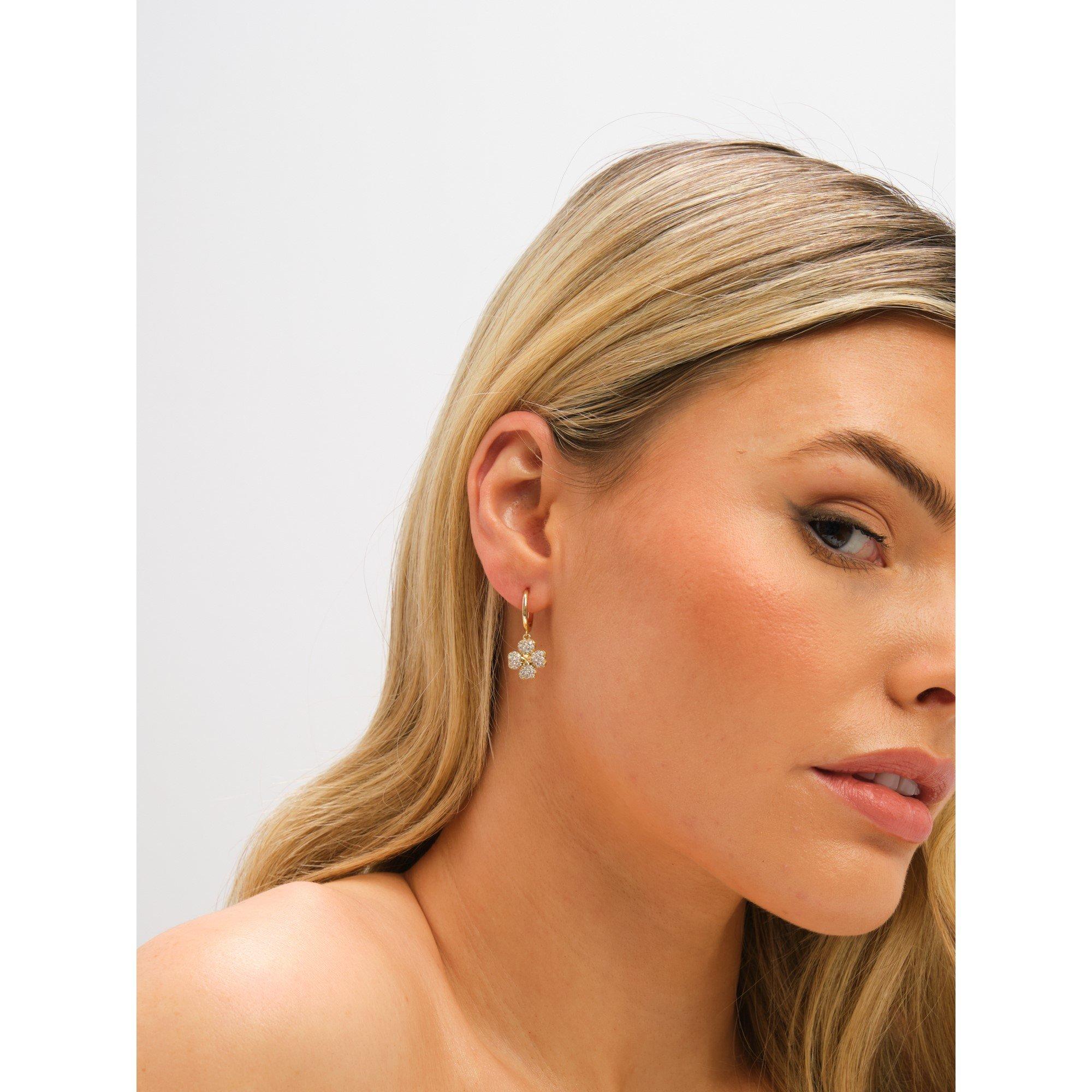 Gold - Jon Richard - Gold Plated and Pave Clover Huggie Earrings - 3