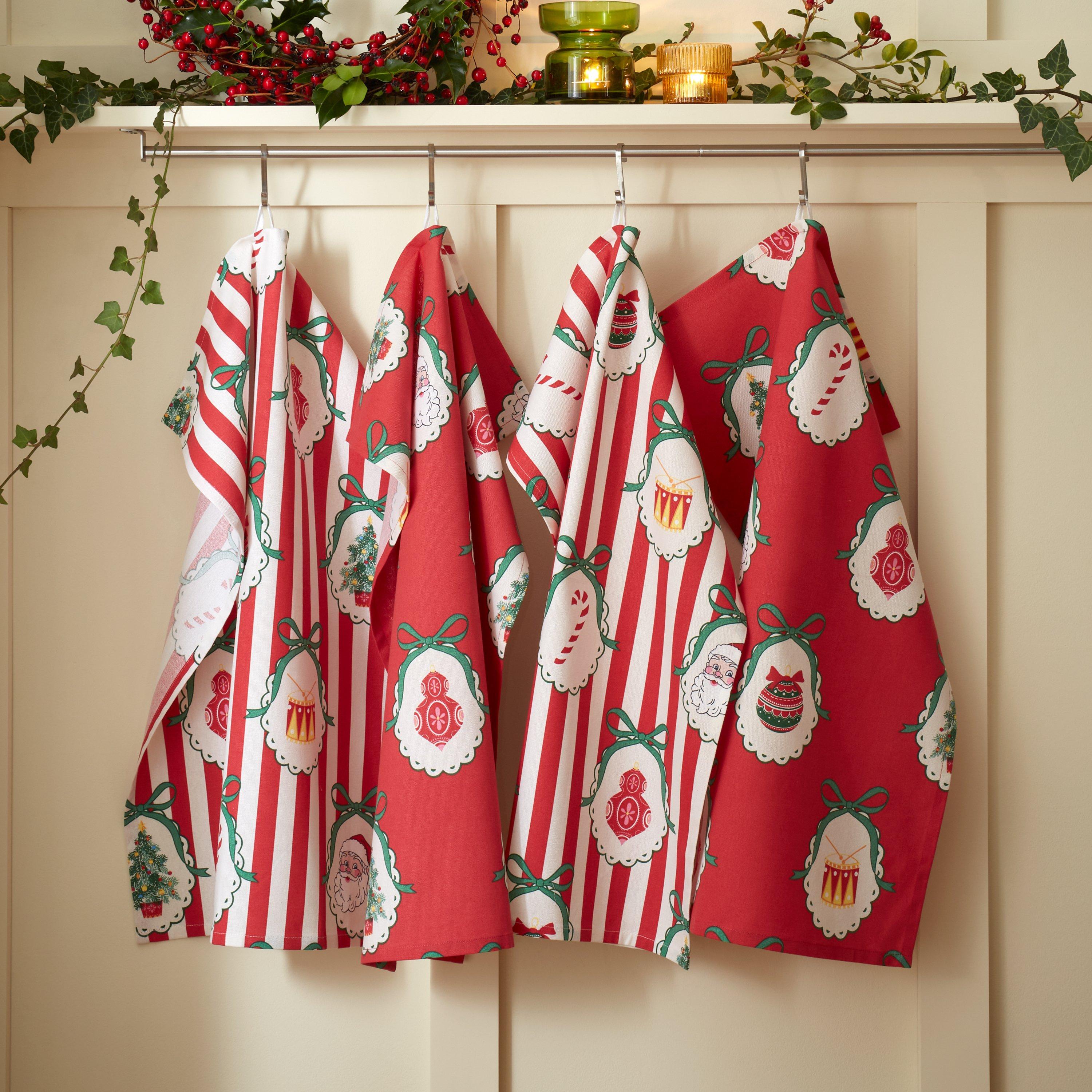 Red - Catherine Lansfield - Christmas Vintage Stripe Tea Towel Pack of 4 - 1