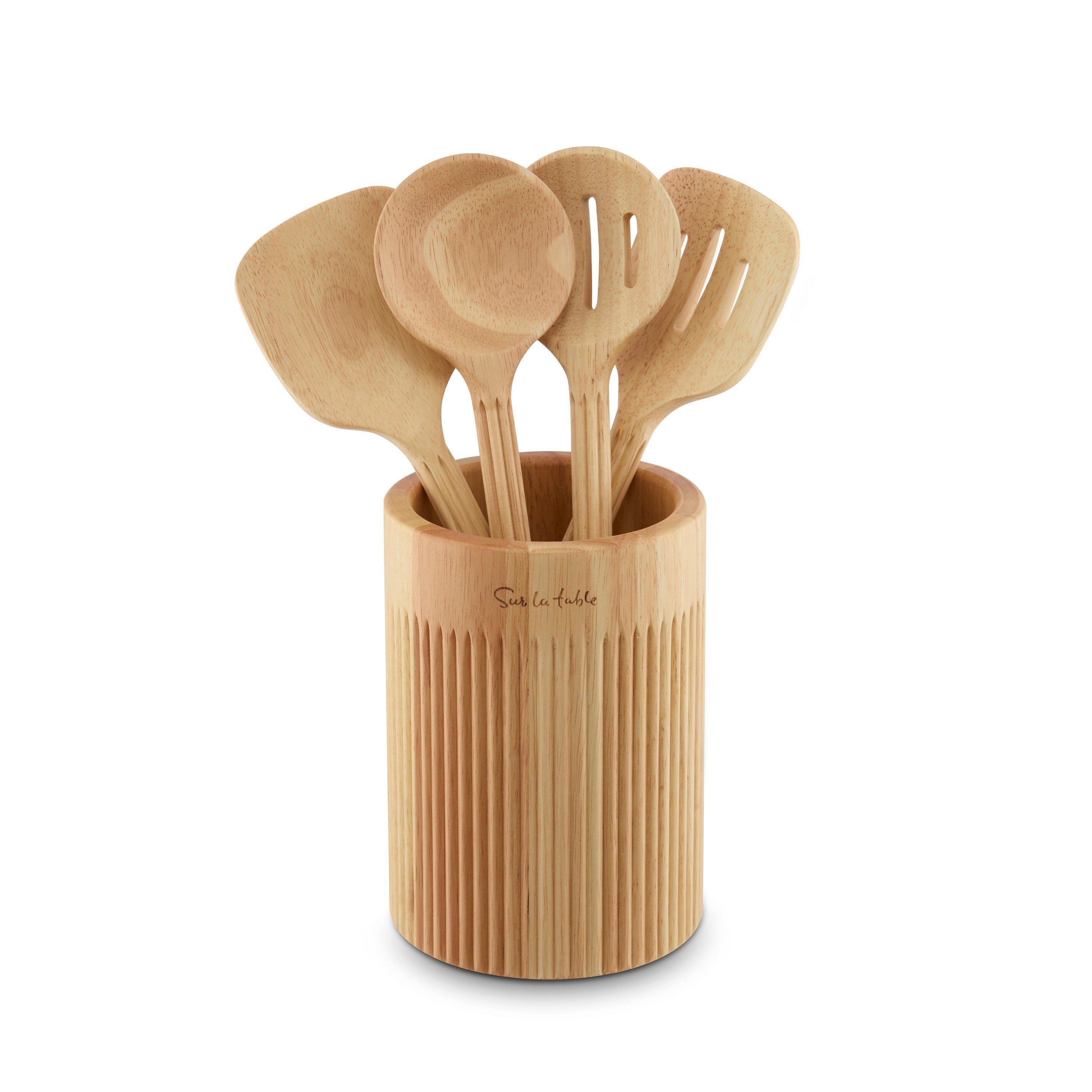 SURLATABLE Set of 4 Wooden Utensils with Holder