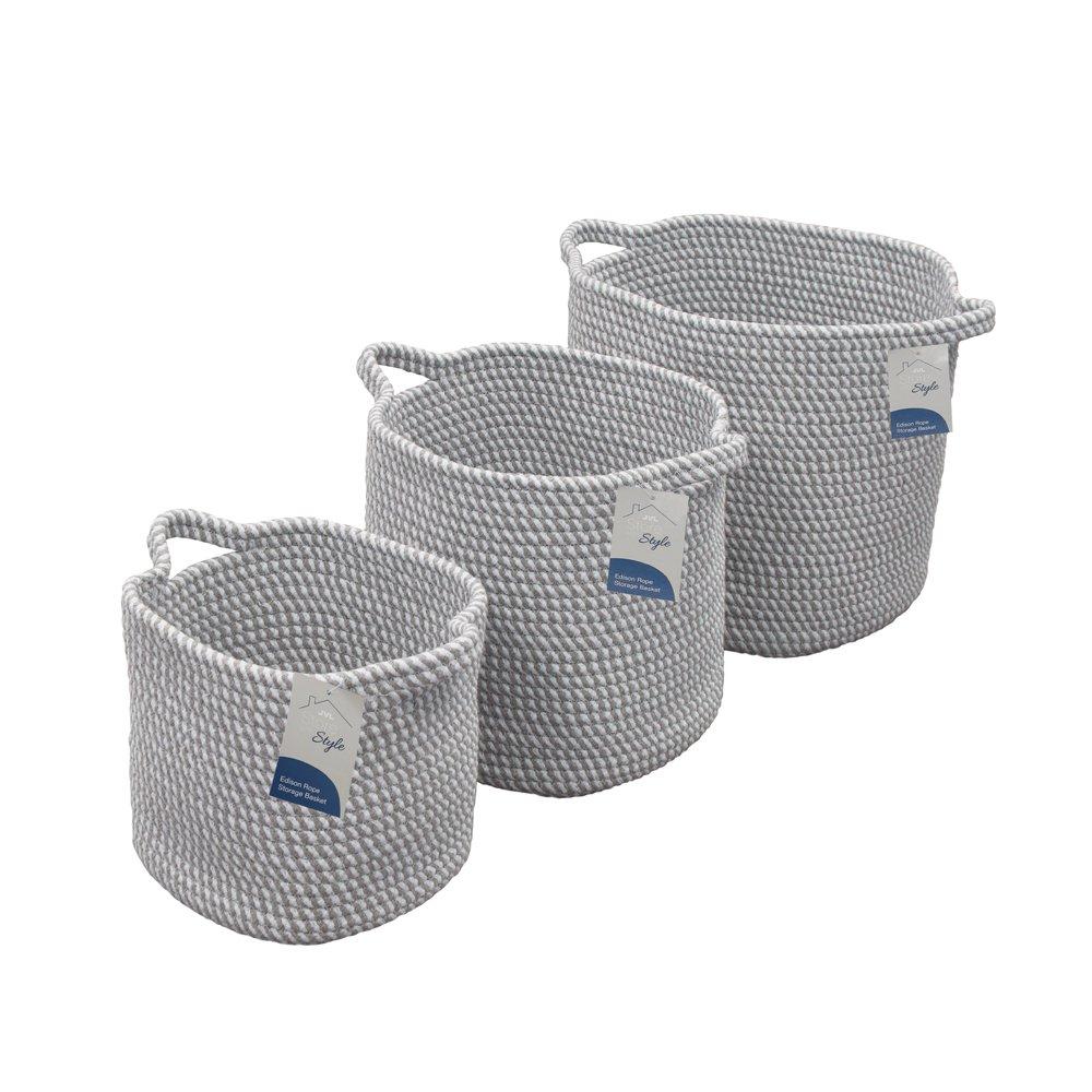 Grey - JVL - Edison Set of 3 Cotton Rope Storage Baskets - 7