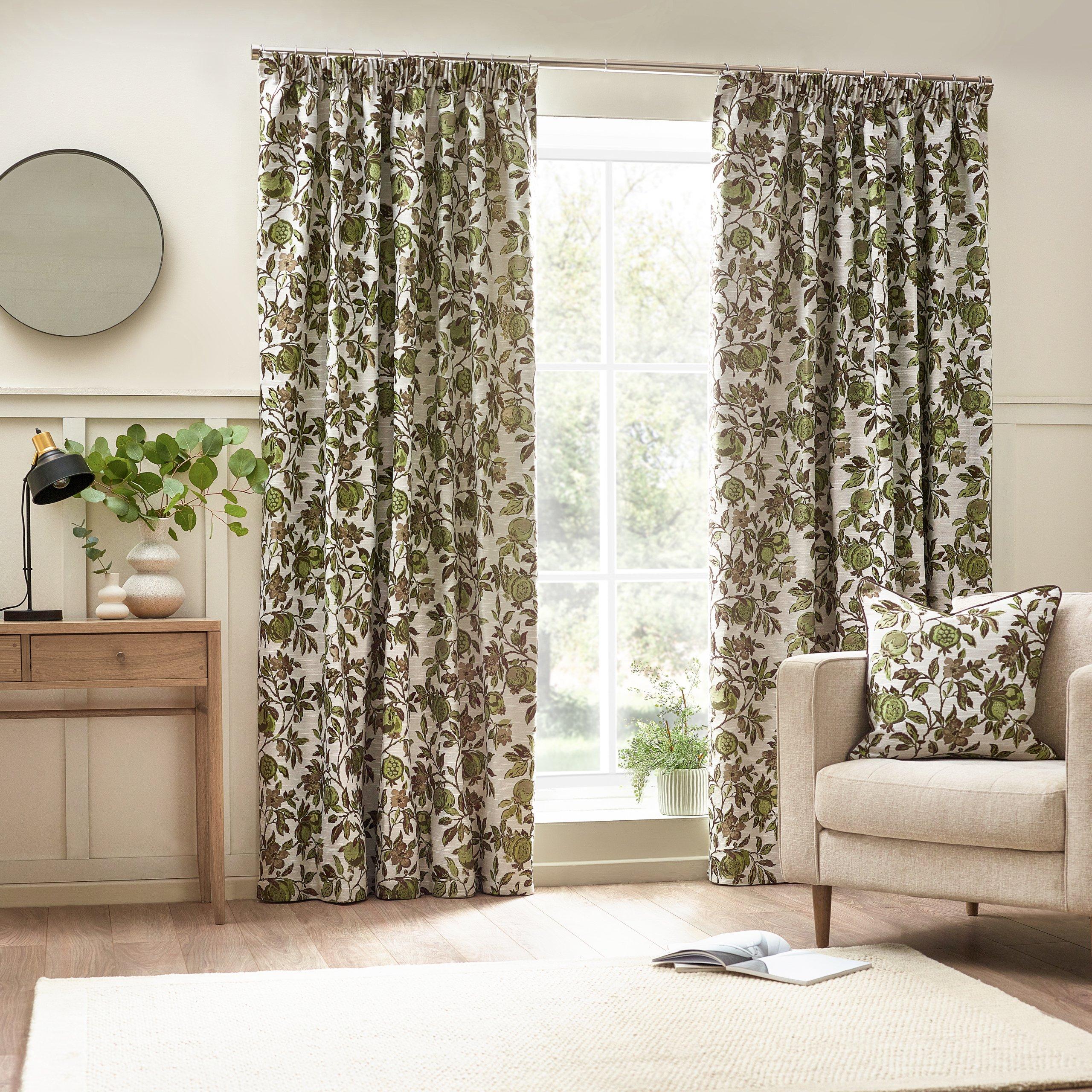 Wylder  Pomegranate Floral Jacquard Pencil Pleat Curtains - Green - 117 x 137c