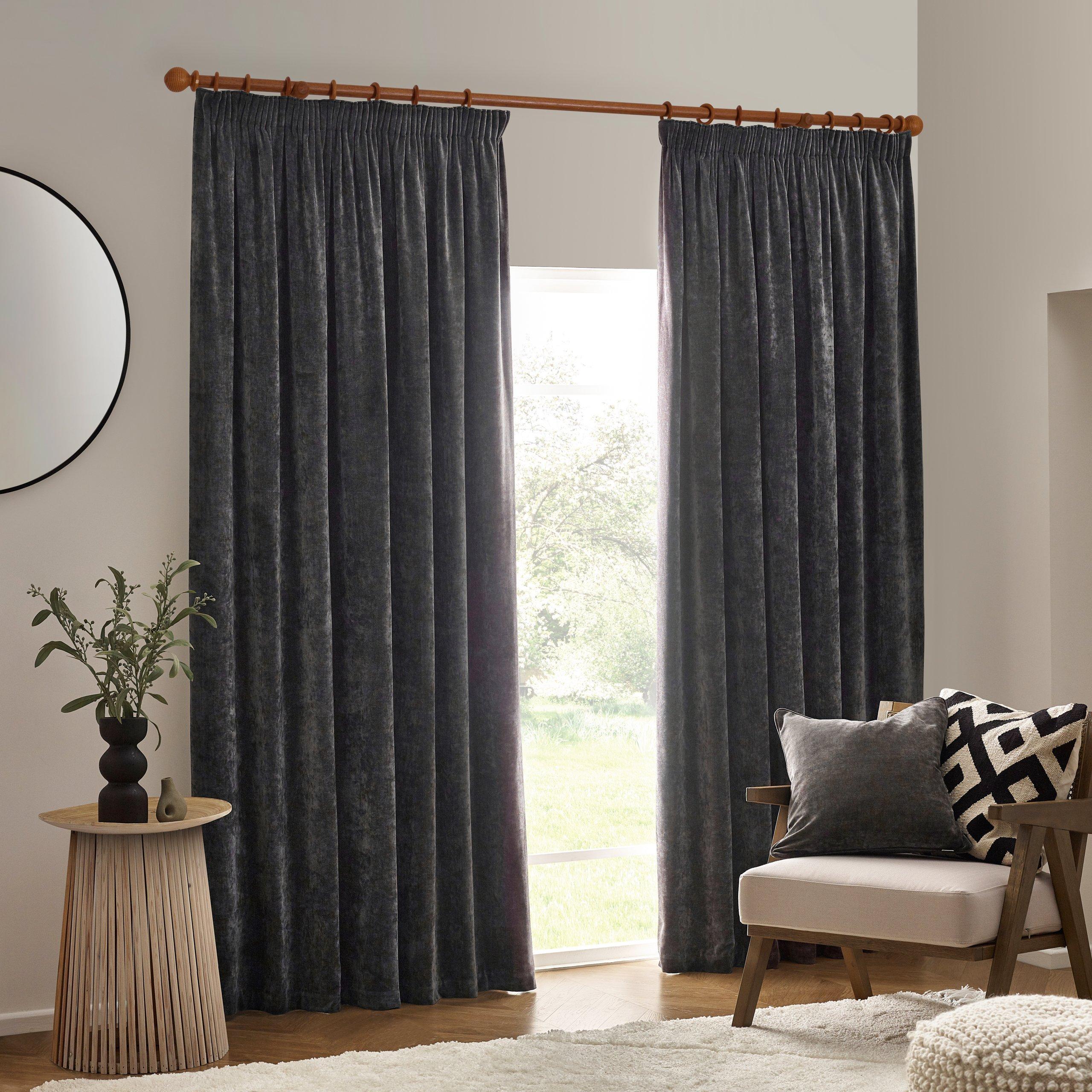 Charcoal - Yard - Heavy Chenille Velvet Pencil Pleat Curtains - 2