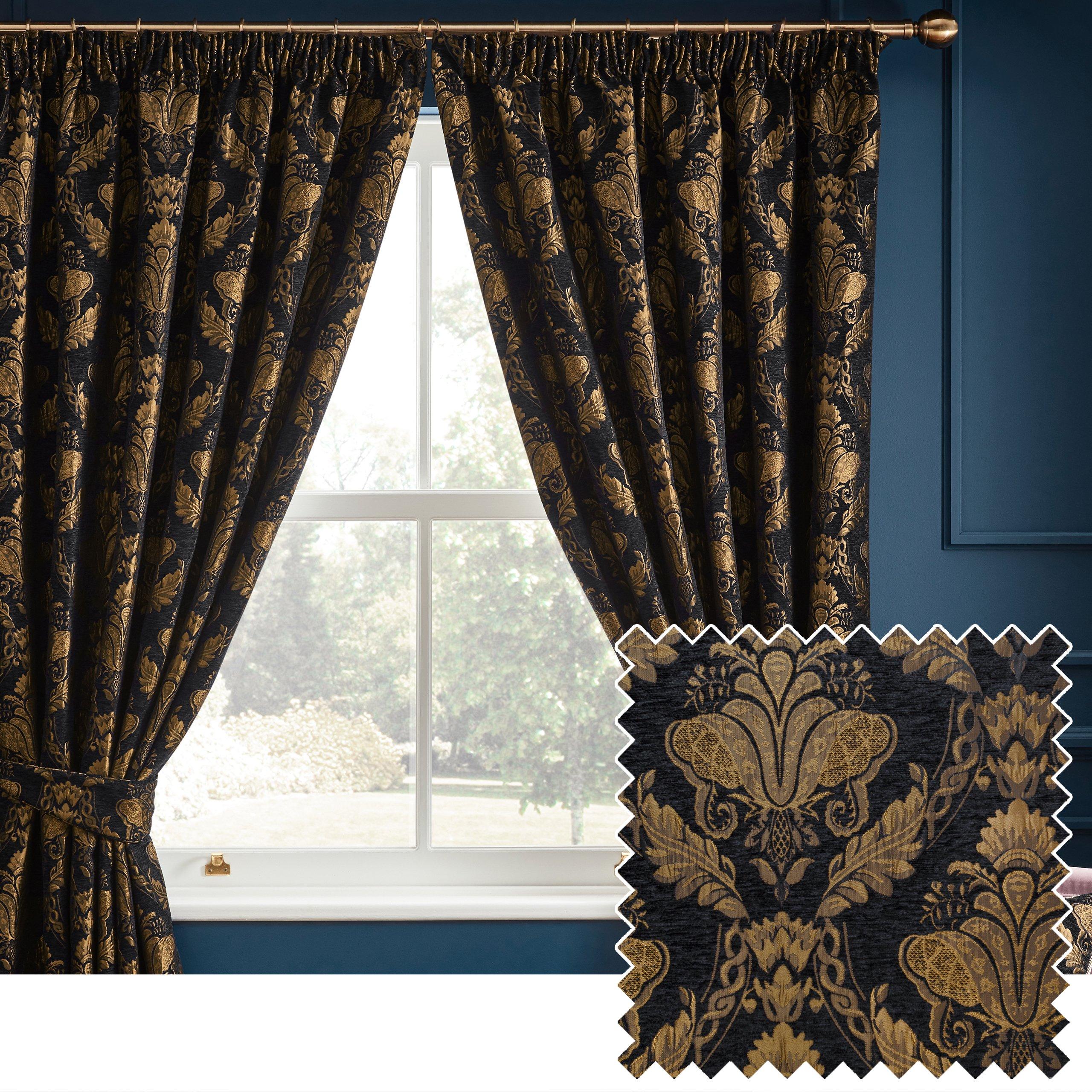 Black - Paoletti - Traditional Jacquard Pencil Pleat Curtains - 1