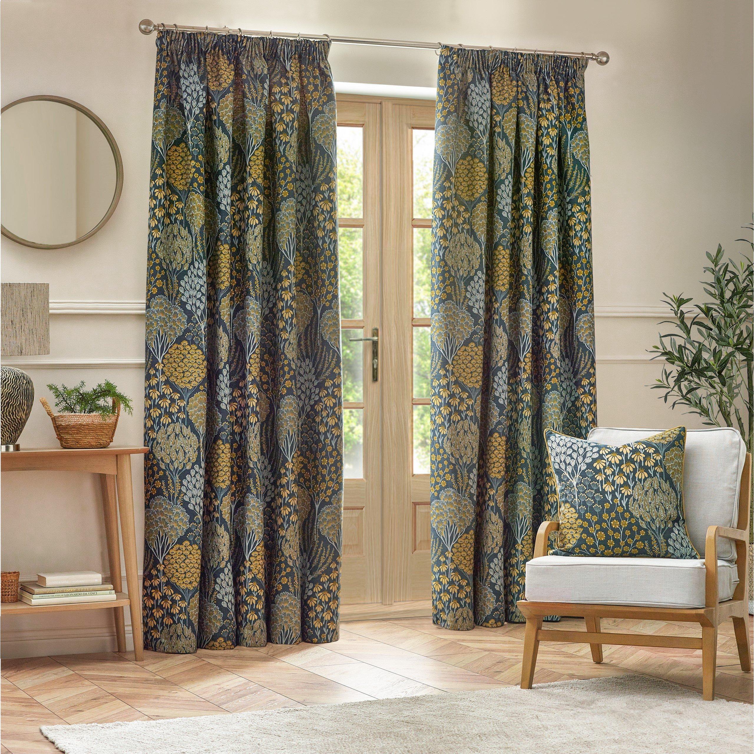 Blue/Saffron - Wylder - Ophelia Floral Jacquard Pencil Pleat Curtains - 1