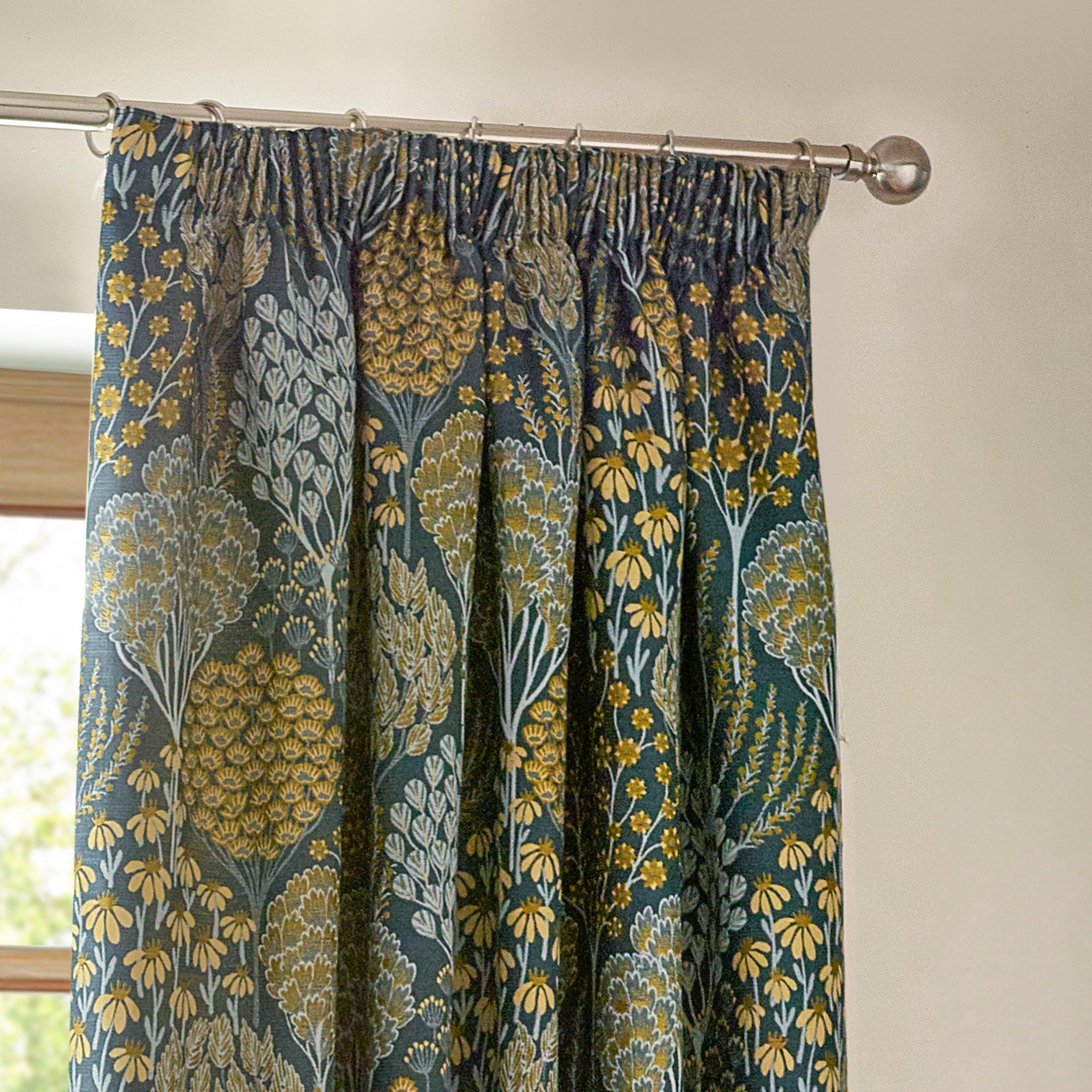 Blue/Saffron - Wylder - Ophelia Floral Jacquard Pencil Pleat Curtains - 2
