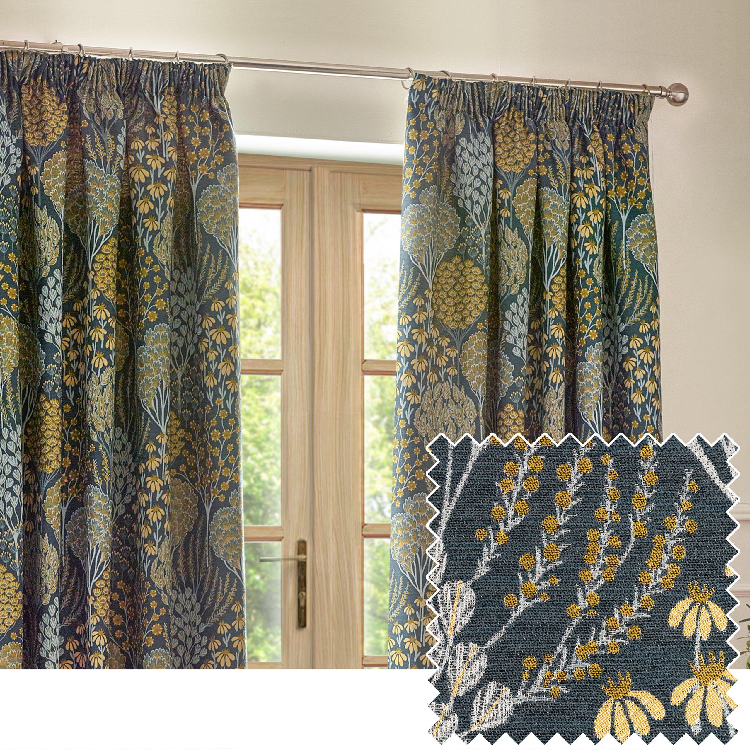 Blue/Saffron - Wylder - Ophelia Floral Jacquard Pencil Pleat Curtains - 6