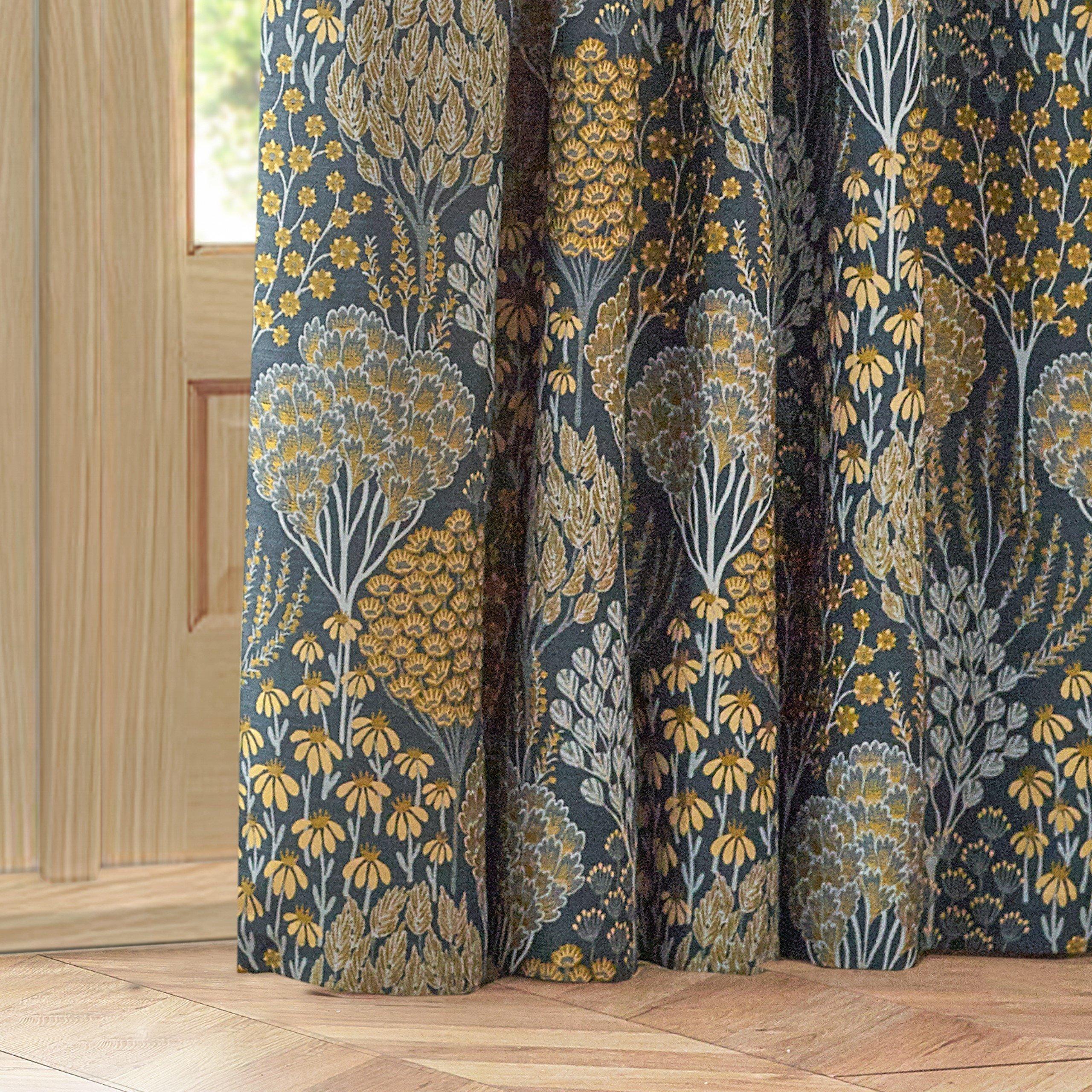 Blue/Saffron - Wylder - Ophelia Floral Jacquard Pencil Pleat Curtains - 3