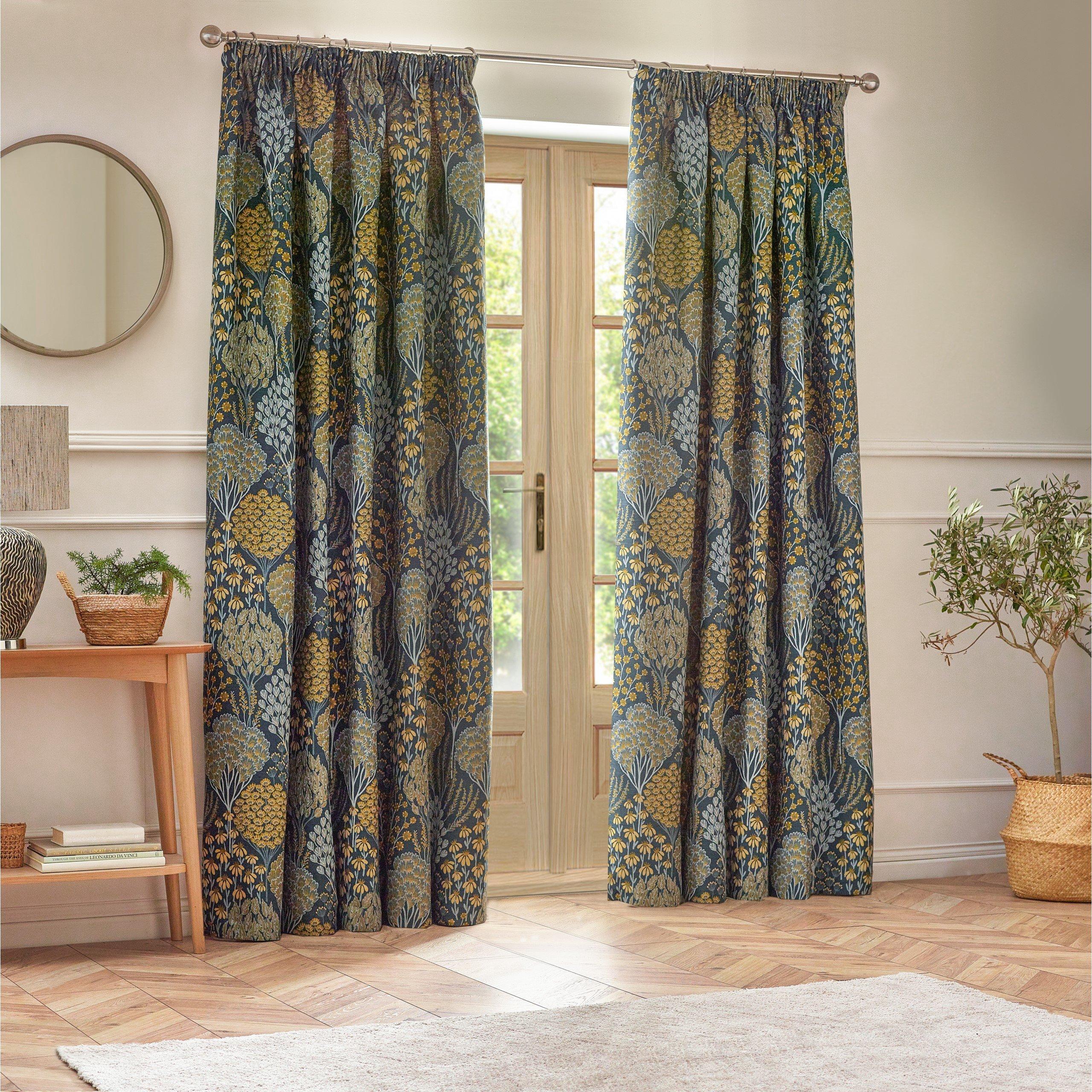 Blue/Saffron - Wylder - Ophelia Floral Jacquard Pencil Pleat Curtains - 5