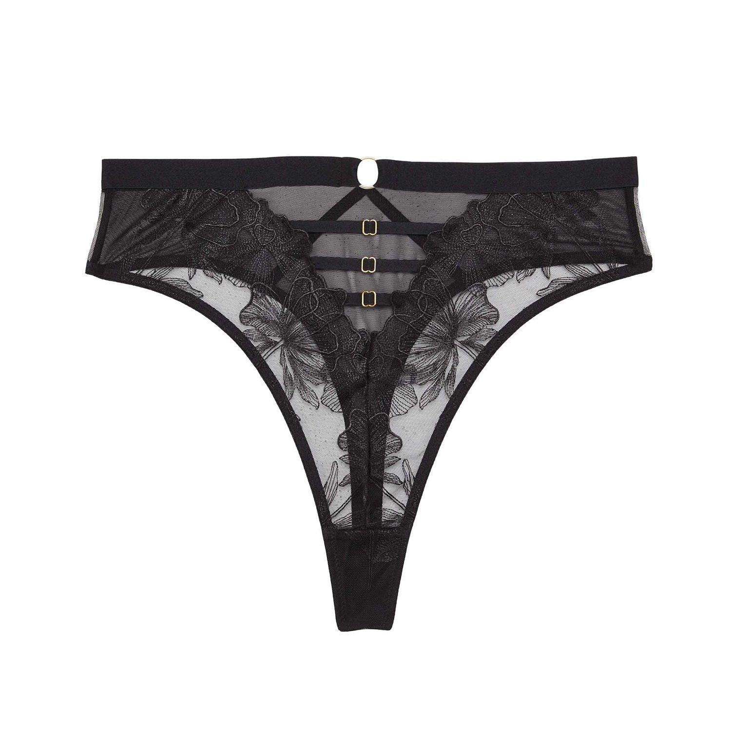 Black - Playful Promises - Eleanor Black Strappy Embroidery High Waist Thong - 4