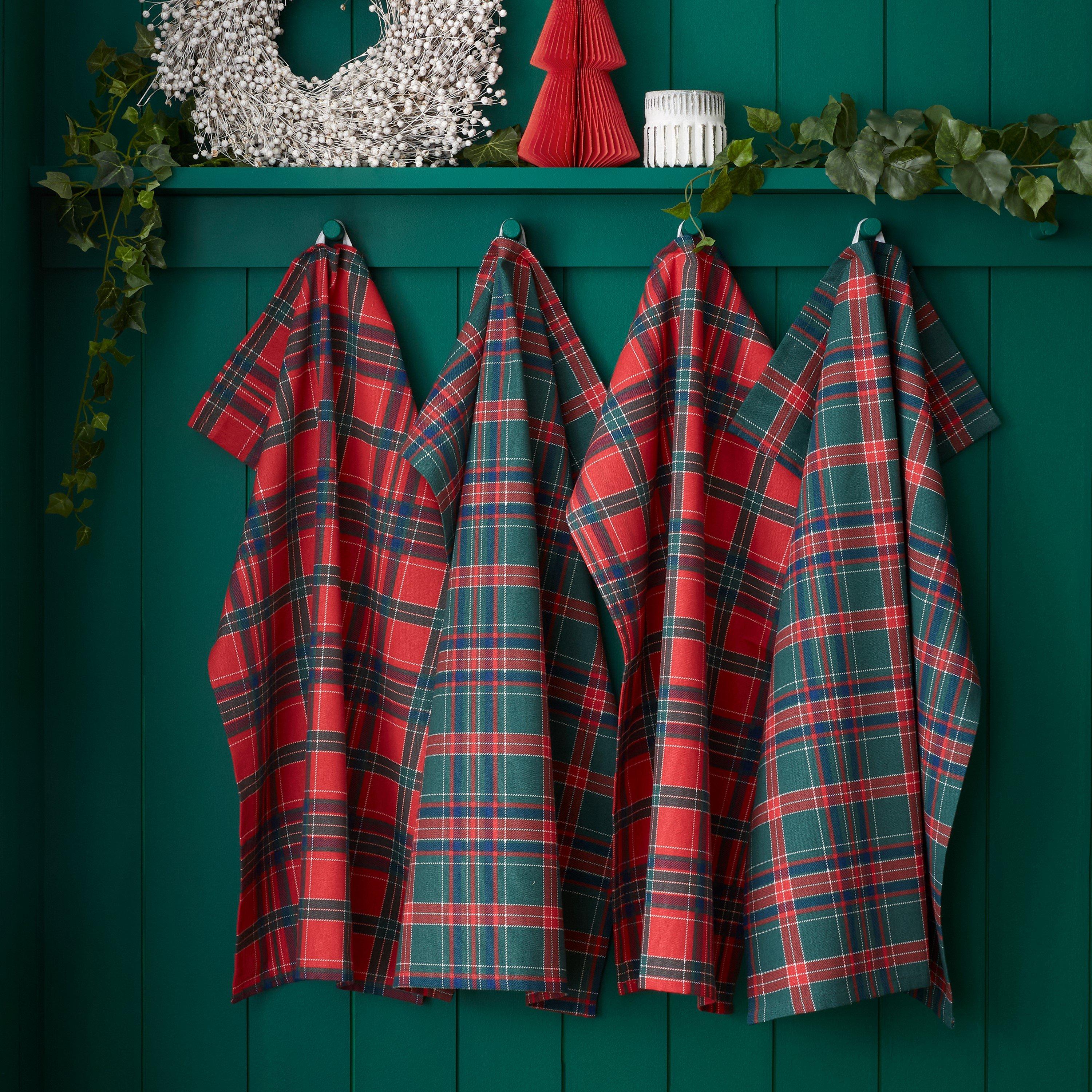 Red / Green - Catherine Lansfield - Christmas Tartan Check Kitchen Tea Towel Pack of 4 - 1