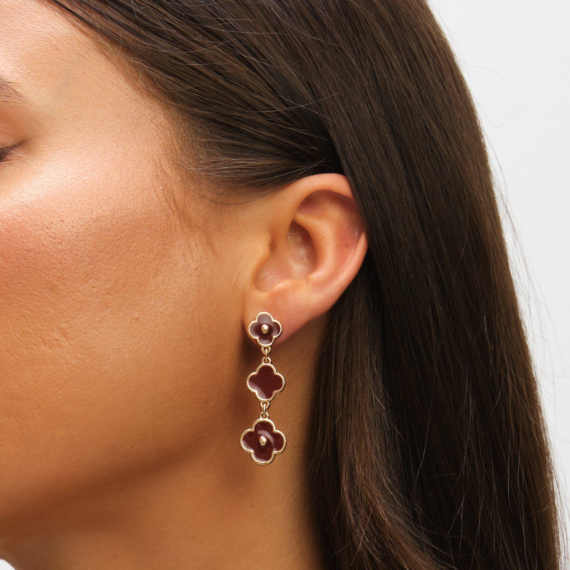 Gold - Mood - Mood Gold & Burgundy Clover Triple Drop Earrings - 2