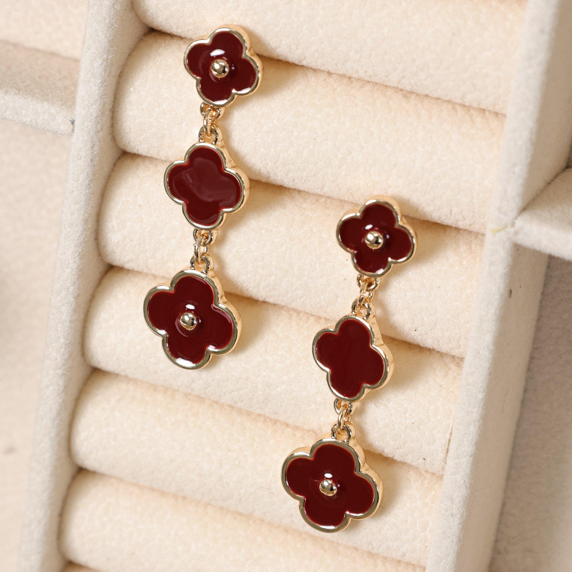 Gold - Mood - Mood Gold & Burgundy Clover Triple Drop Earrings - 3