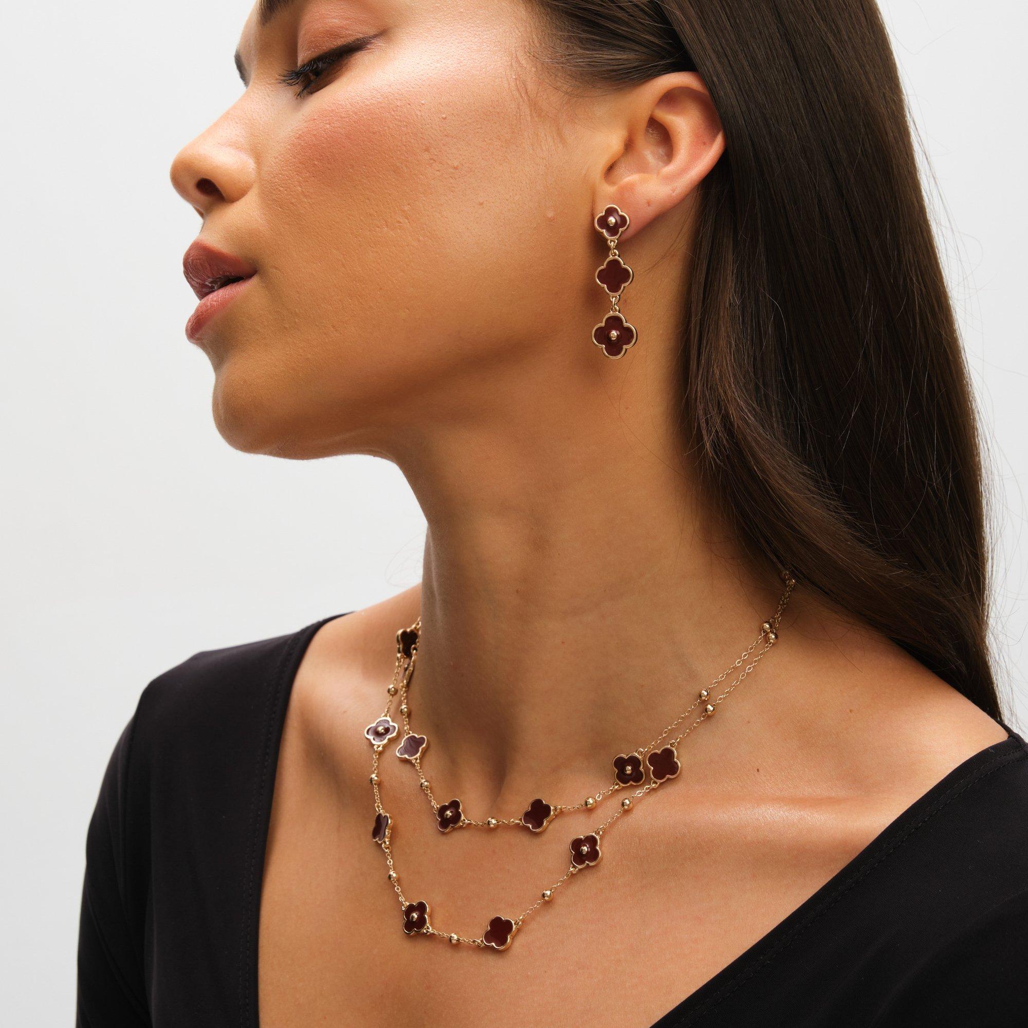 Gold - Mood - Mood Gold & Burgundy Clover Triple Drop Earrings - 4