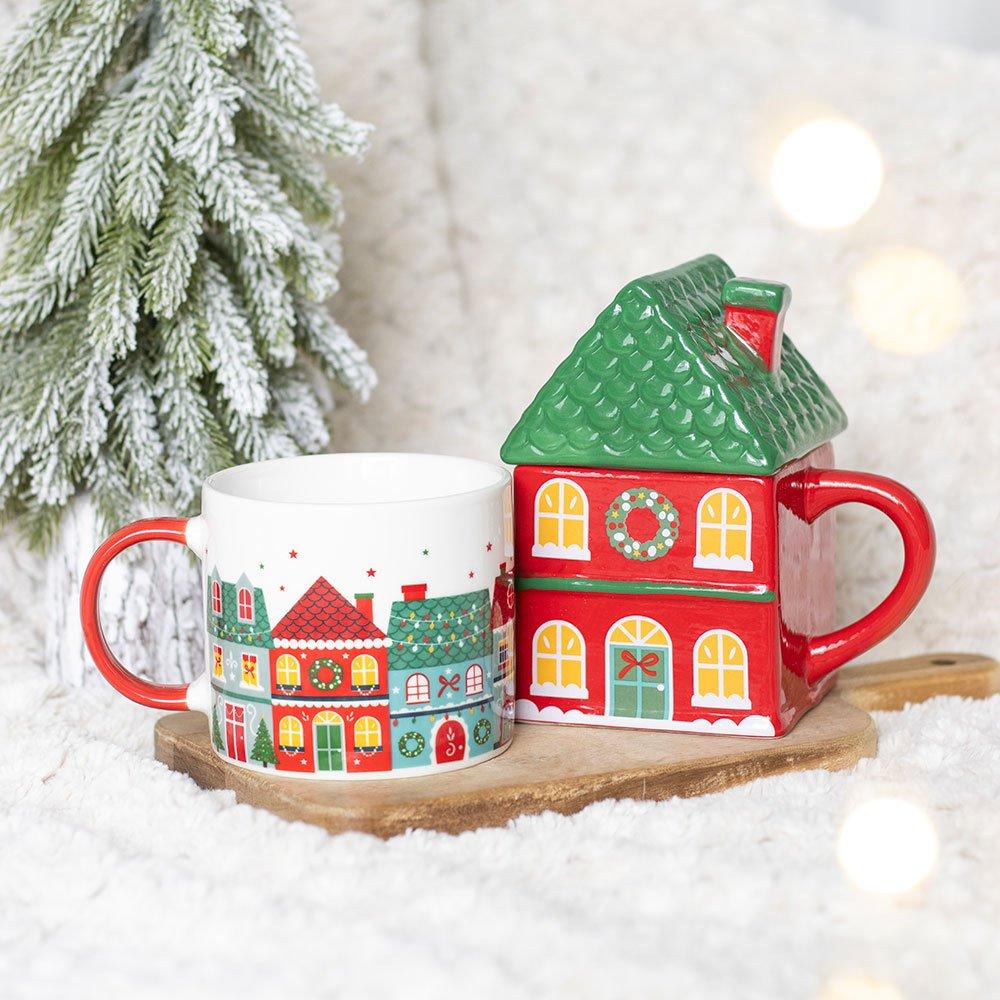 White - Something Different - Red Christmas House Lidded Mug - 1