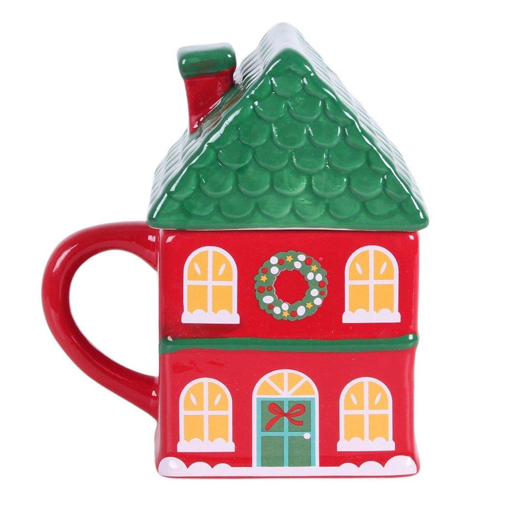 White - Something Different - Red Christmas House Lidded Mug - 5