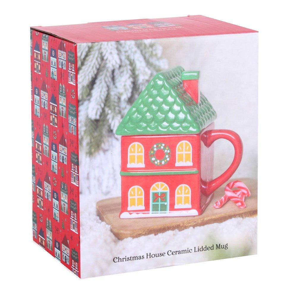 White - Something Different - Red Christmas House Lidded Mug - 6