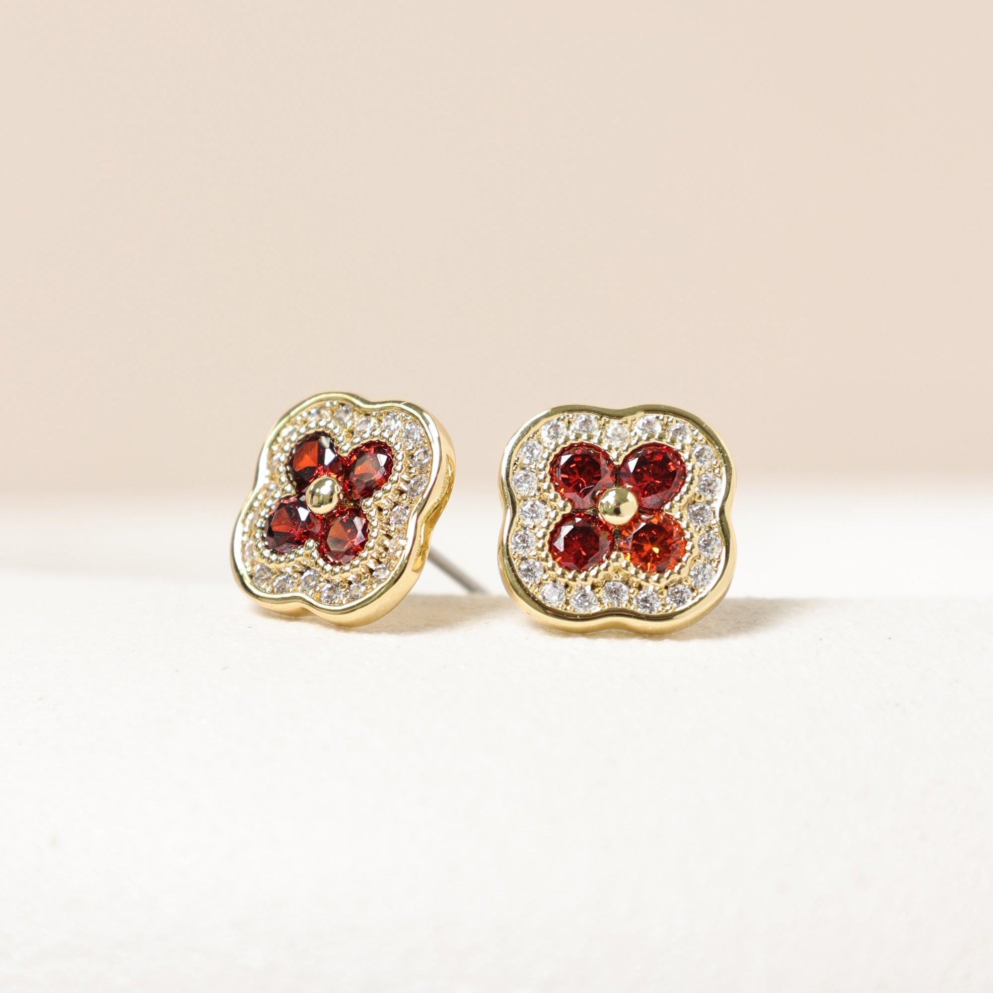 Gold - Jon Richard - 14K Gold Plated Crystal and Ruby Clover Studs - 3