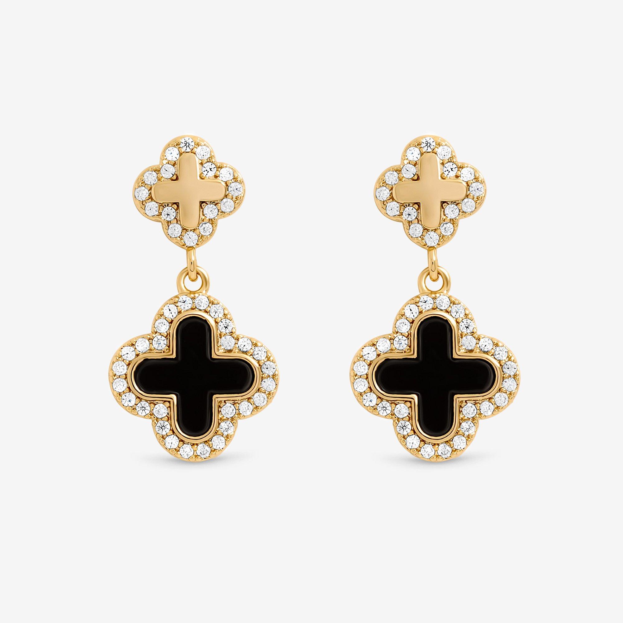 Gold - Jon Richard - Gold Plated Pave and Jet Enamel Clover Earrings - 1