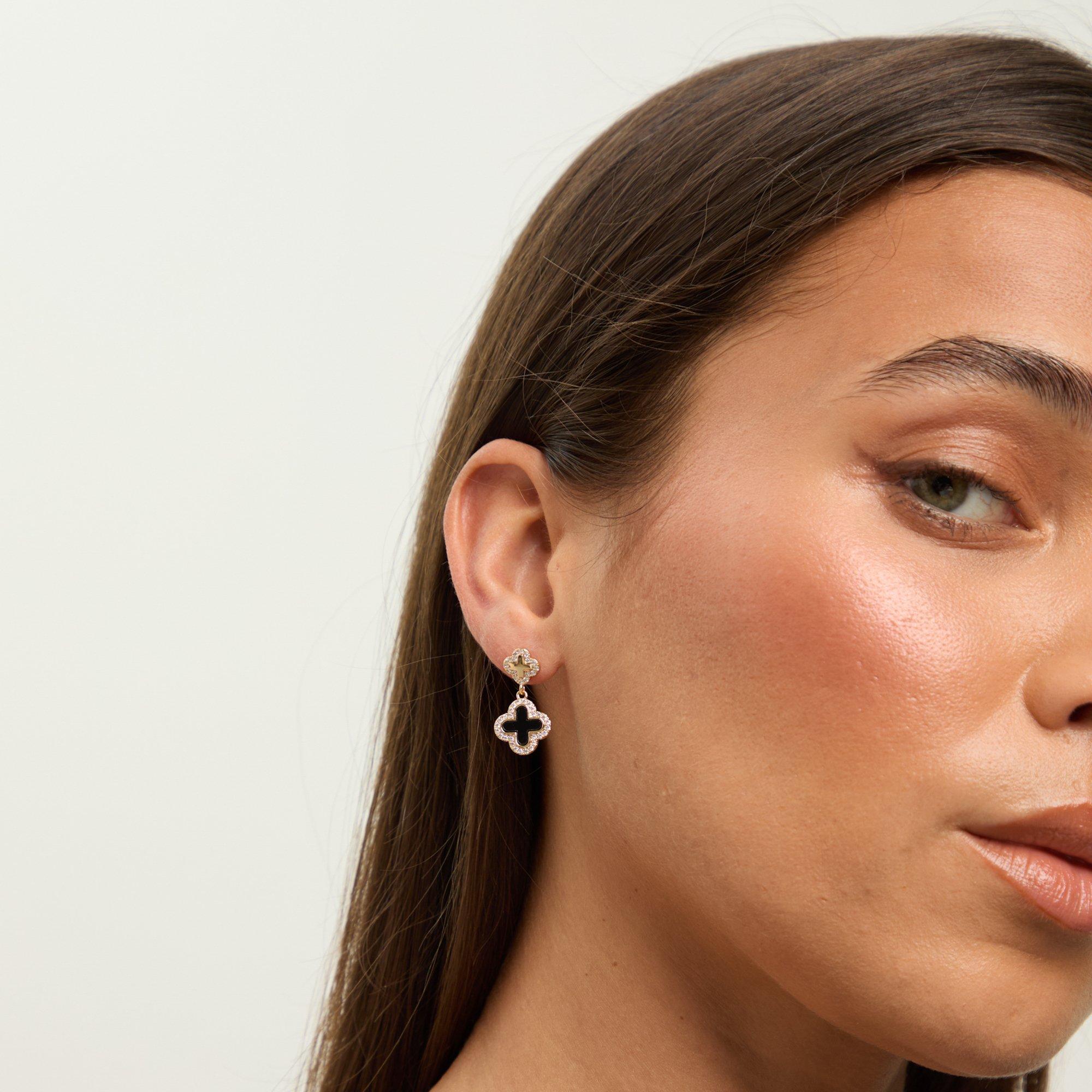 Gold - Jon Richard - Gold Plated Pave and Jet Enamel Clover Earrings - 2