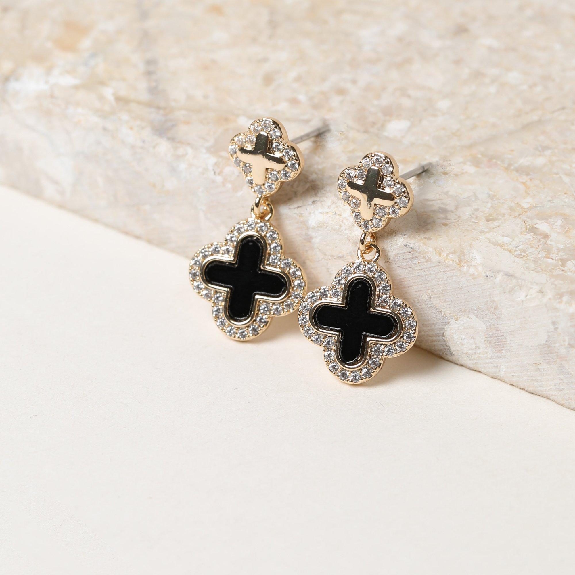Gold - Jon Richard - Gold Plated Pave and Jet Enamel Clover Earrings - 3