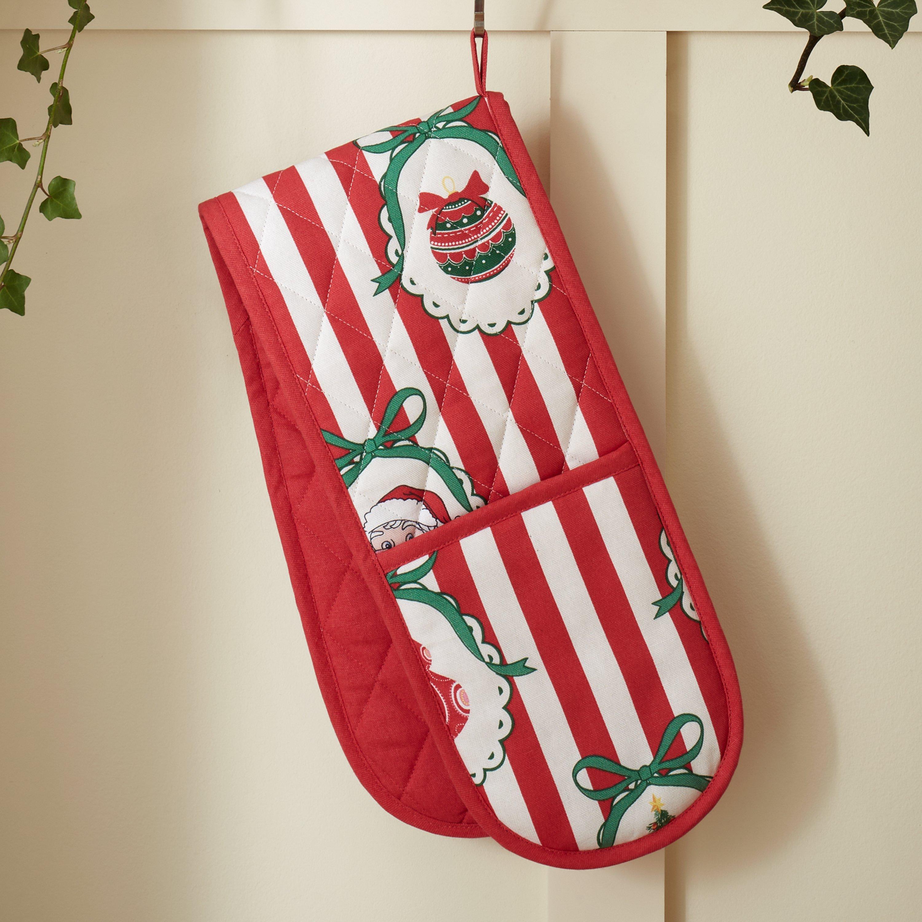Red - Catherine Lansfield - Christmas Vintage Stripe Kitchen Double Oven Glove - 1