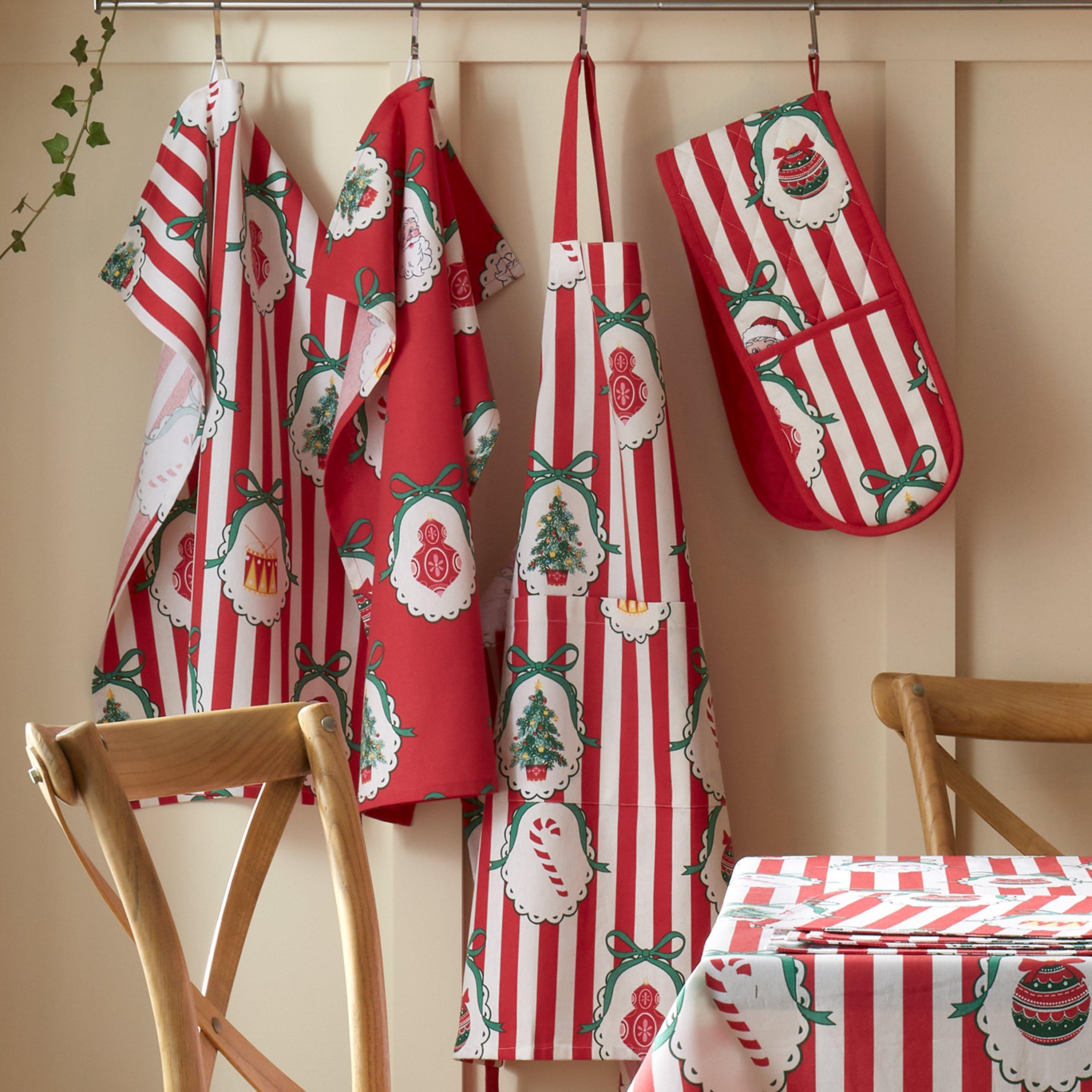 Red - Catherine Lansfield - Christmas Vintage Stripe Kitchen Double Oven Glove - 2