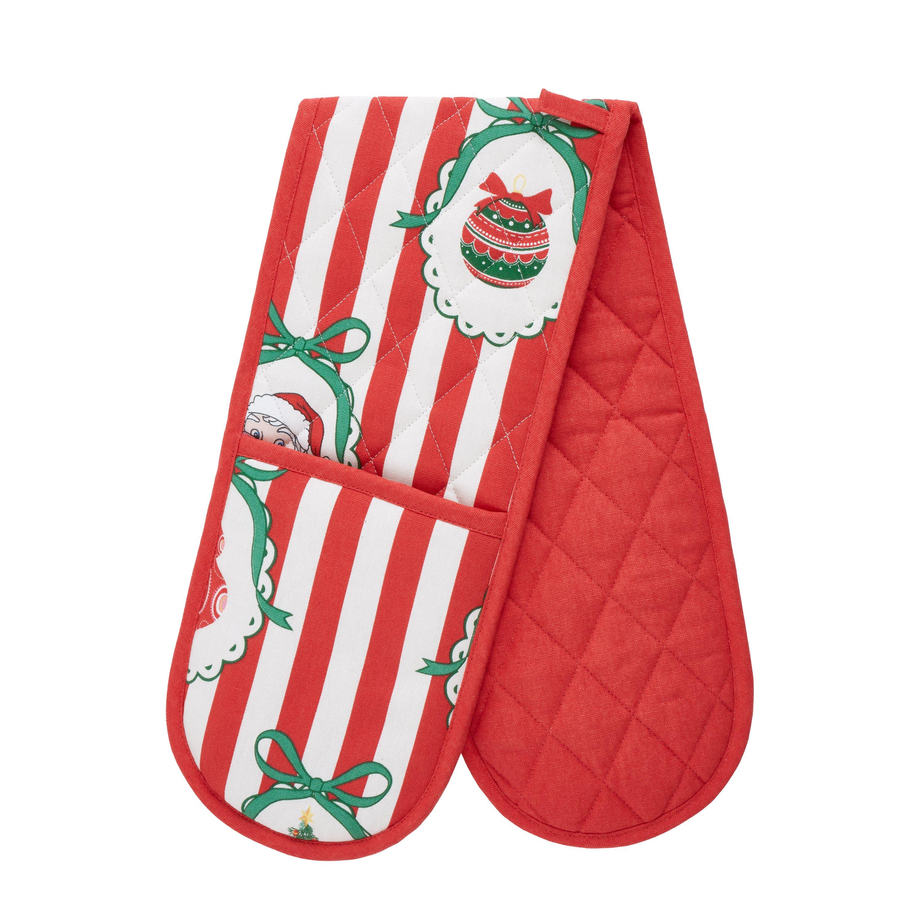 Red - Catherine Lansfield - Christmas Vintage Stripe Kitchen Double Oven Glove - 3
