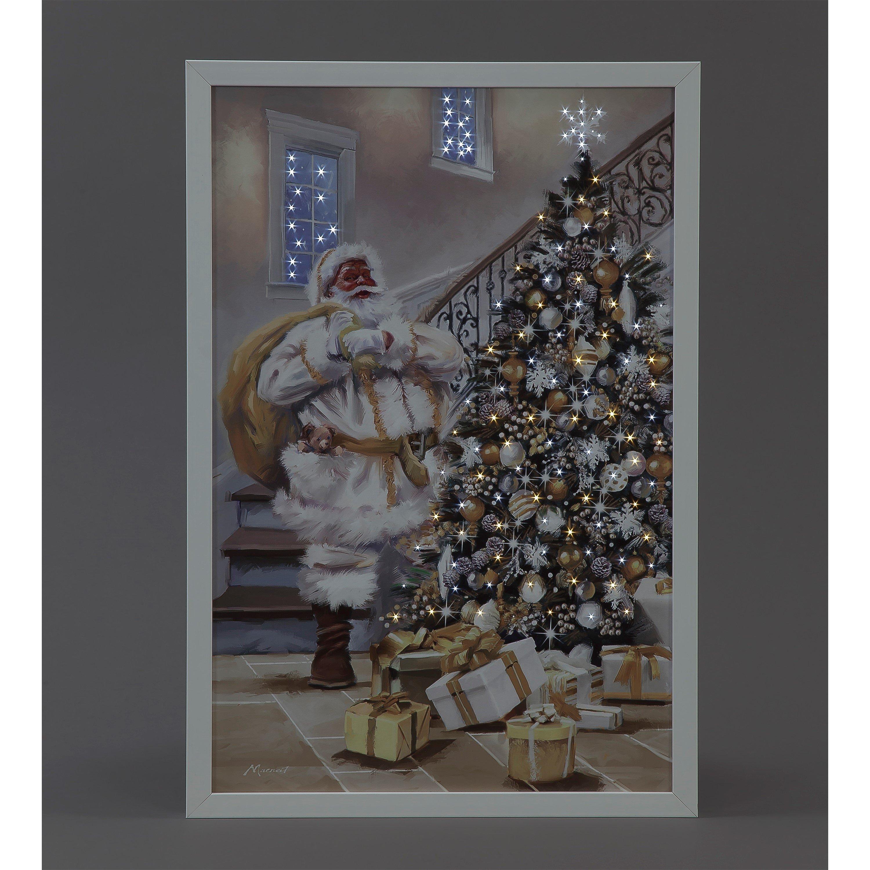 Gold And White - Snowtime - Fibre Optic Lit Gold Santa Delivering Canvas