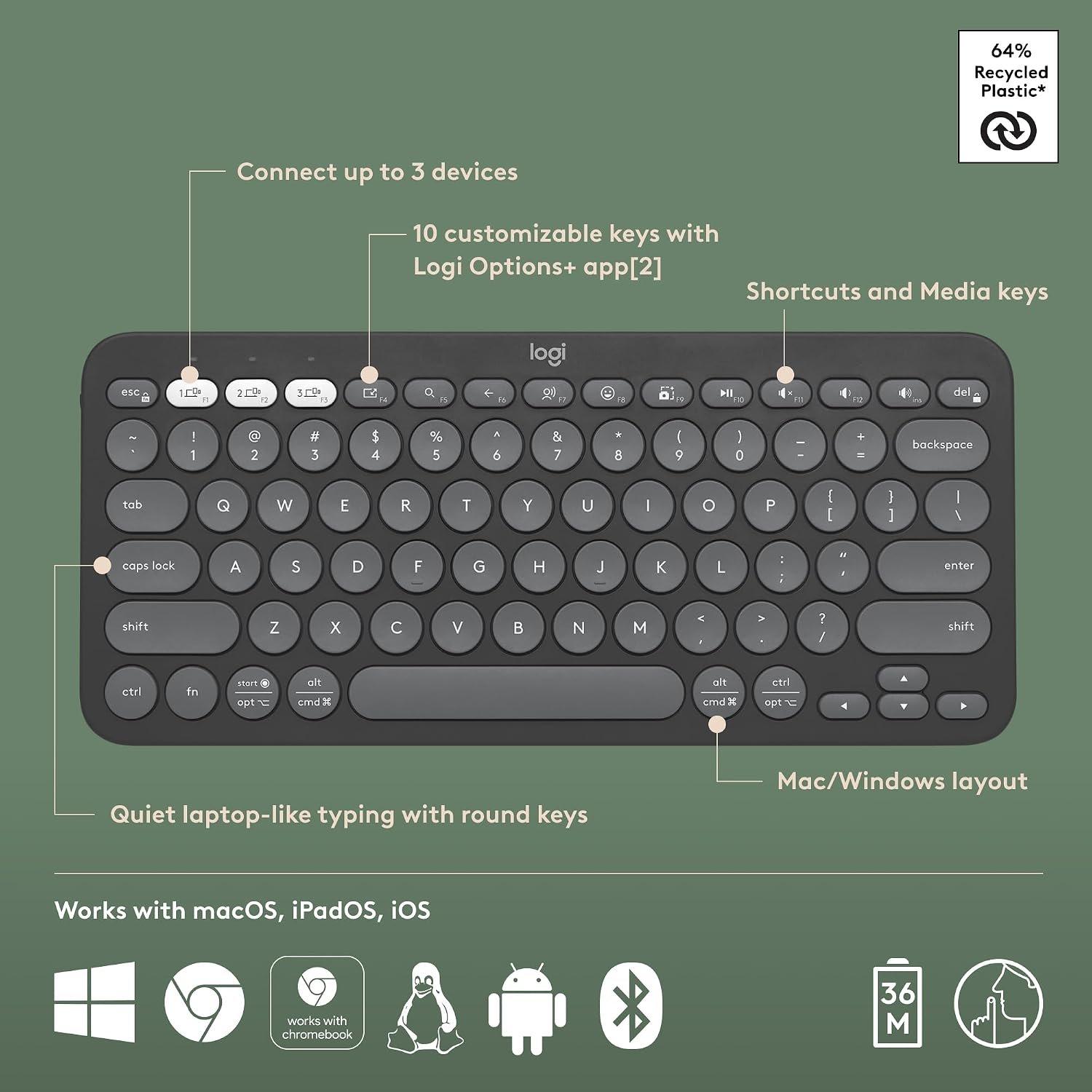 Black - Logitech - Pebble Keys 2 K380s Keyboard- Black - 6