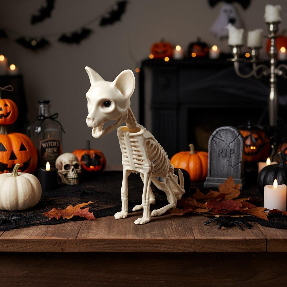 Beige - LIFE IDEAS - Spooky Cat Skeleton Figurine Bone Statue - 1