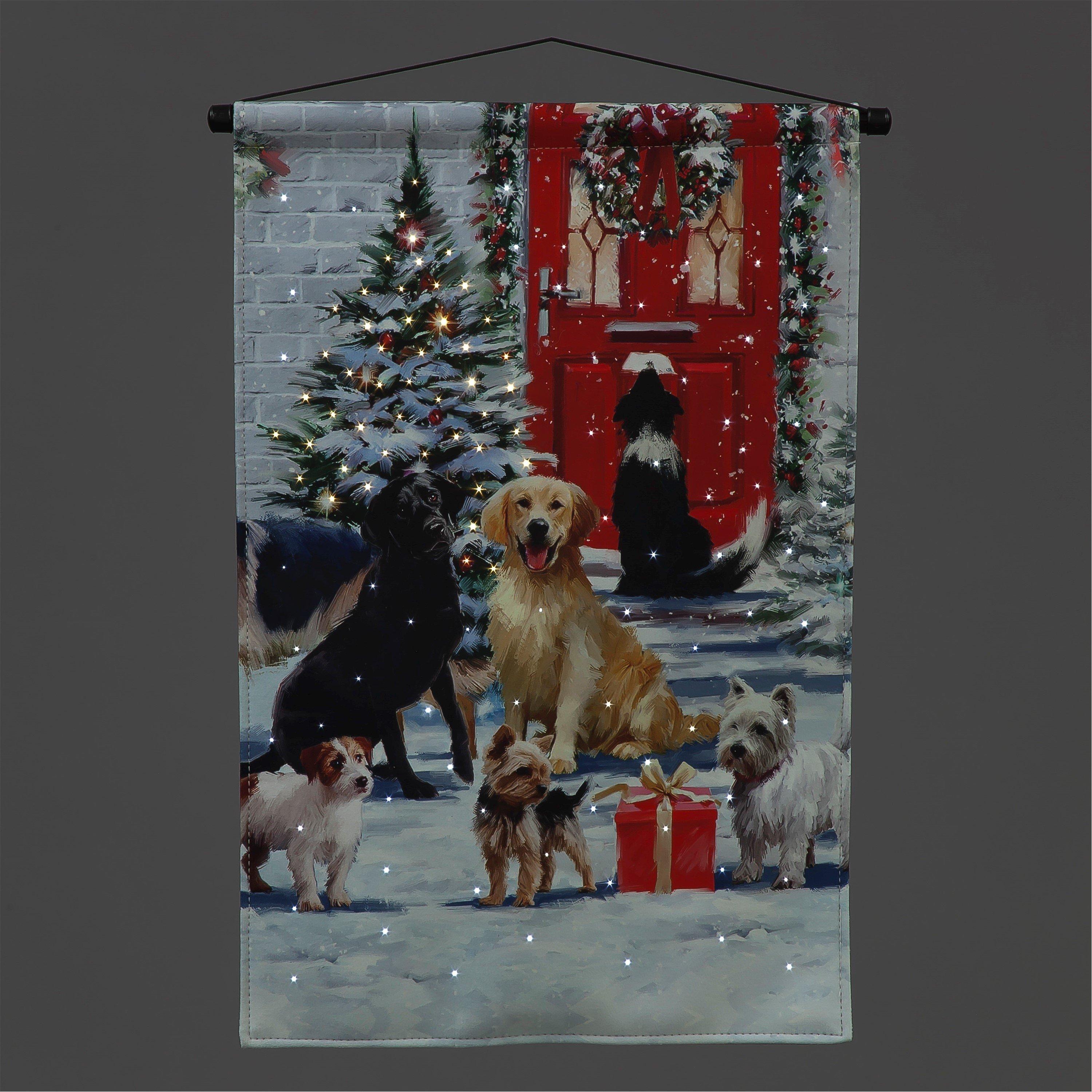 Multi - Snowtime - Fibre Optic Lit 60cm Frolicking Dogs Tapestry