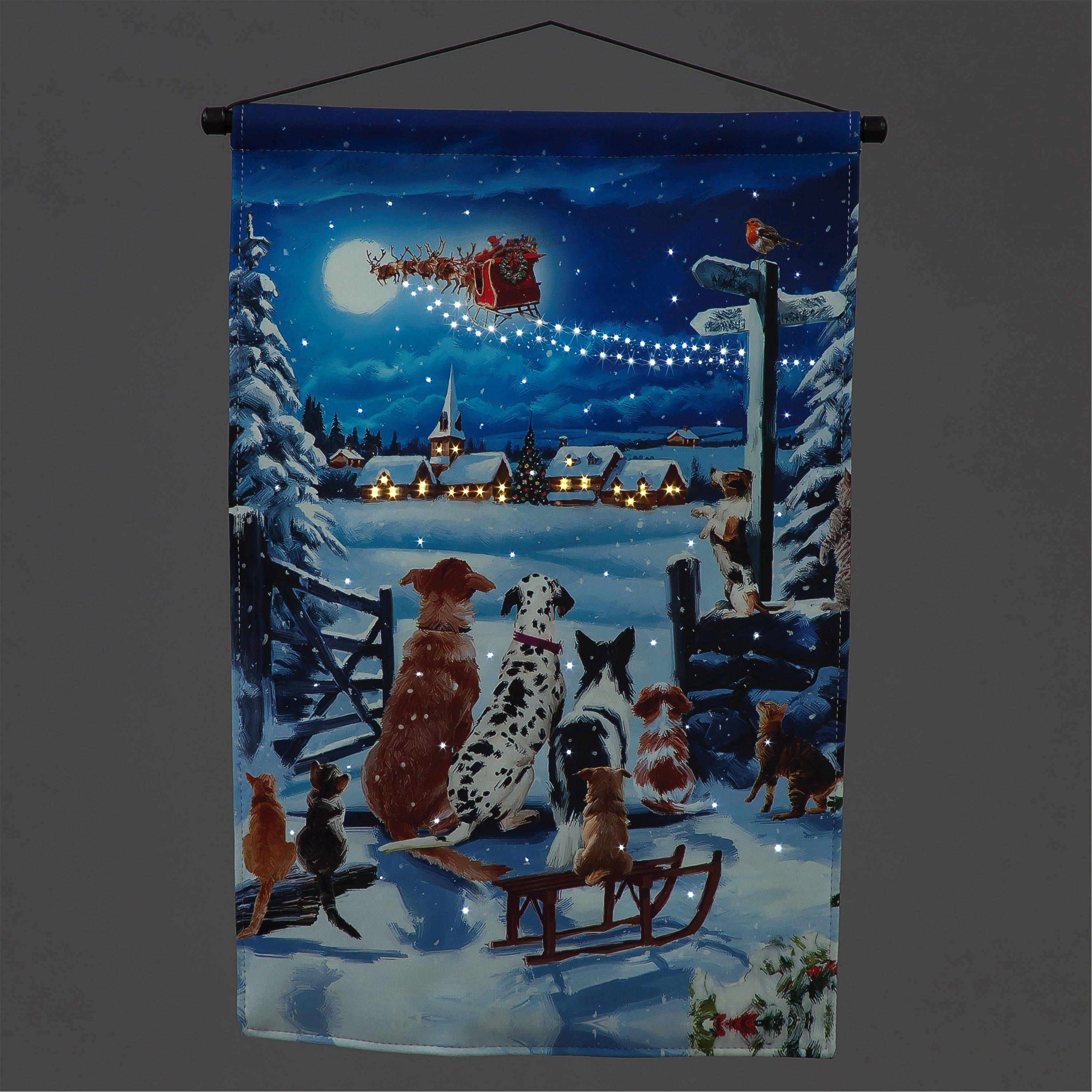 Multi - Snowtime - Fibre Optic Lit Winter Dogs Tapestry