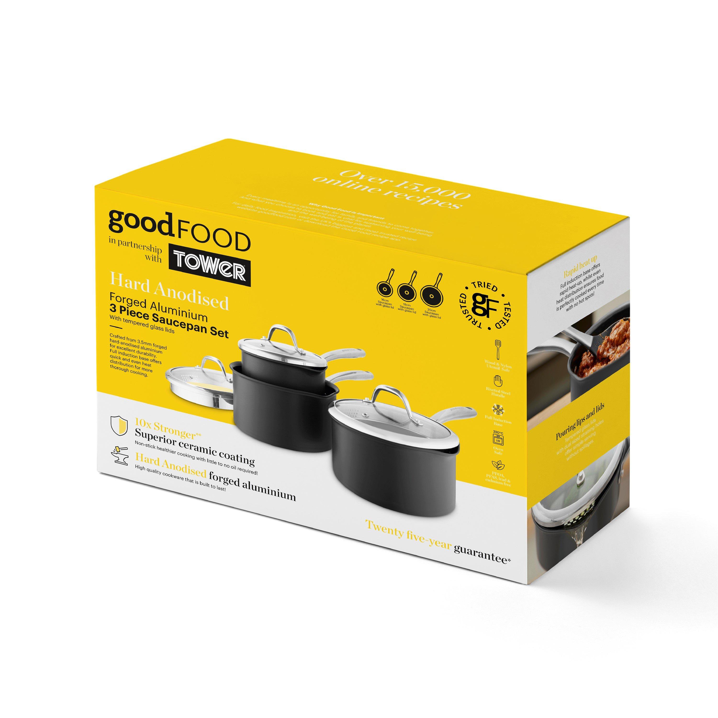 Grey - Good Food - Hard Anodized 3 Piece Saucepan Set - 10