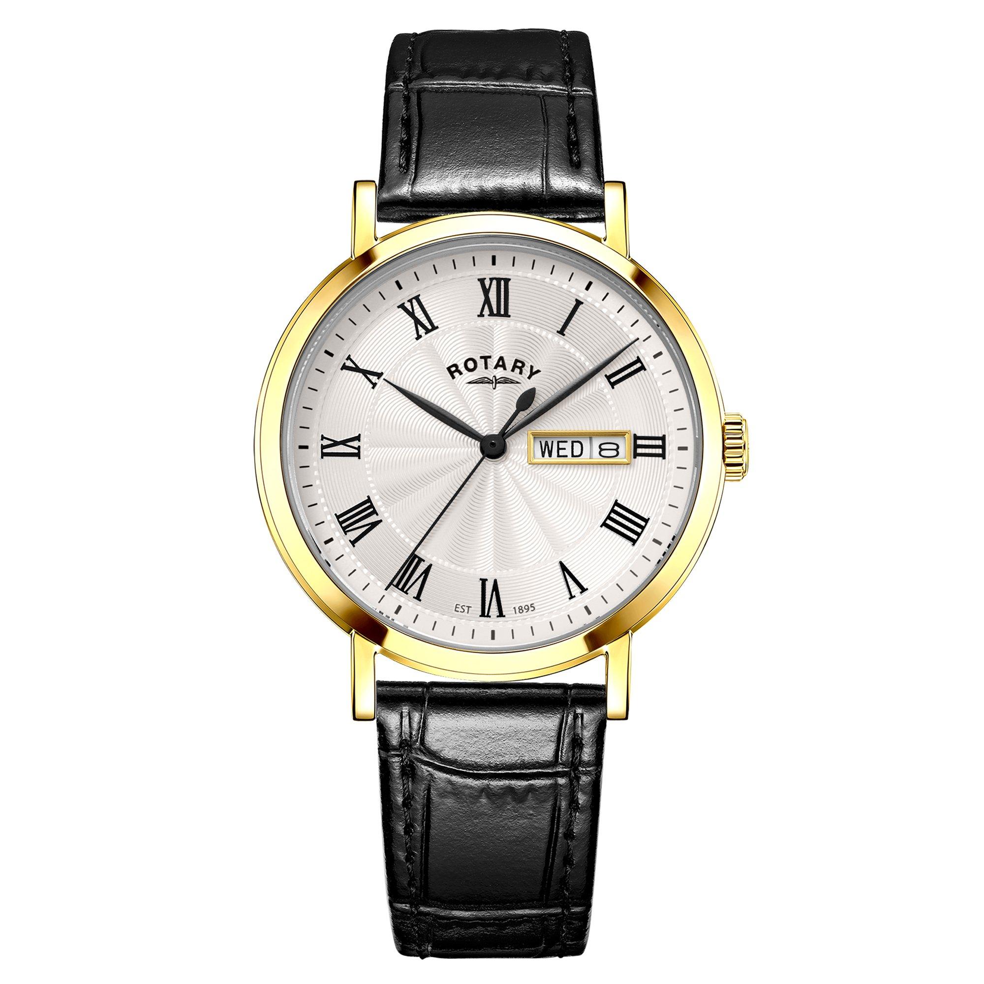 Rotary Men's Heritage Ss Leather Strap Watch Black