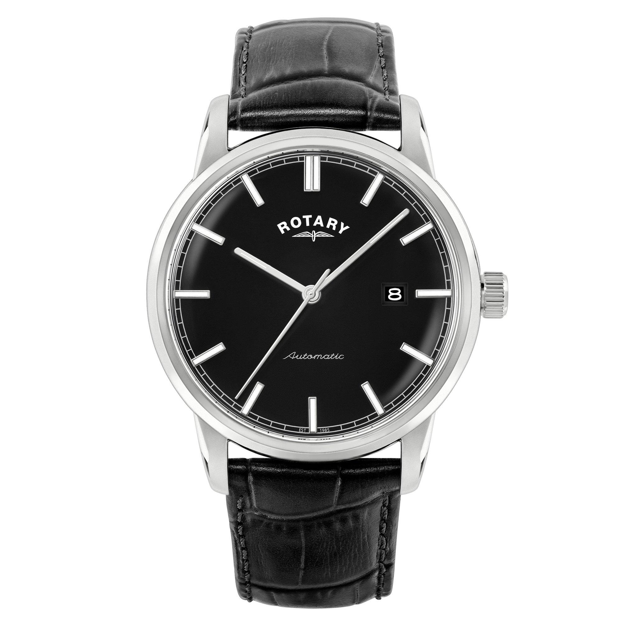 Rotary Men's Heritage Auto Ss Leather Watch Black